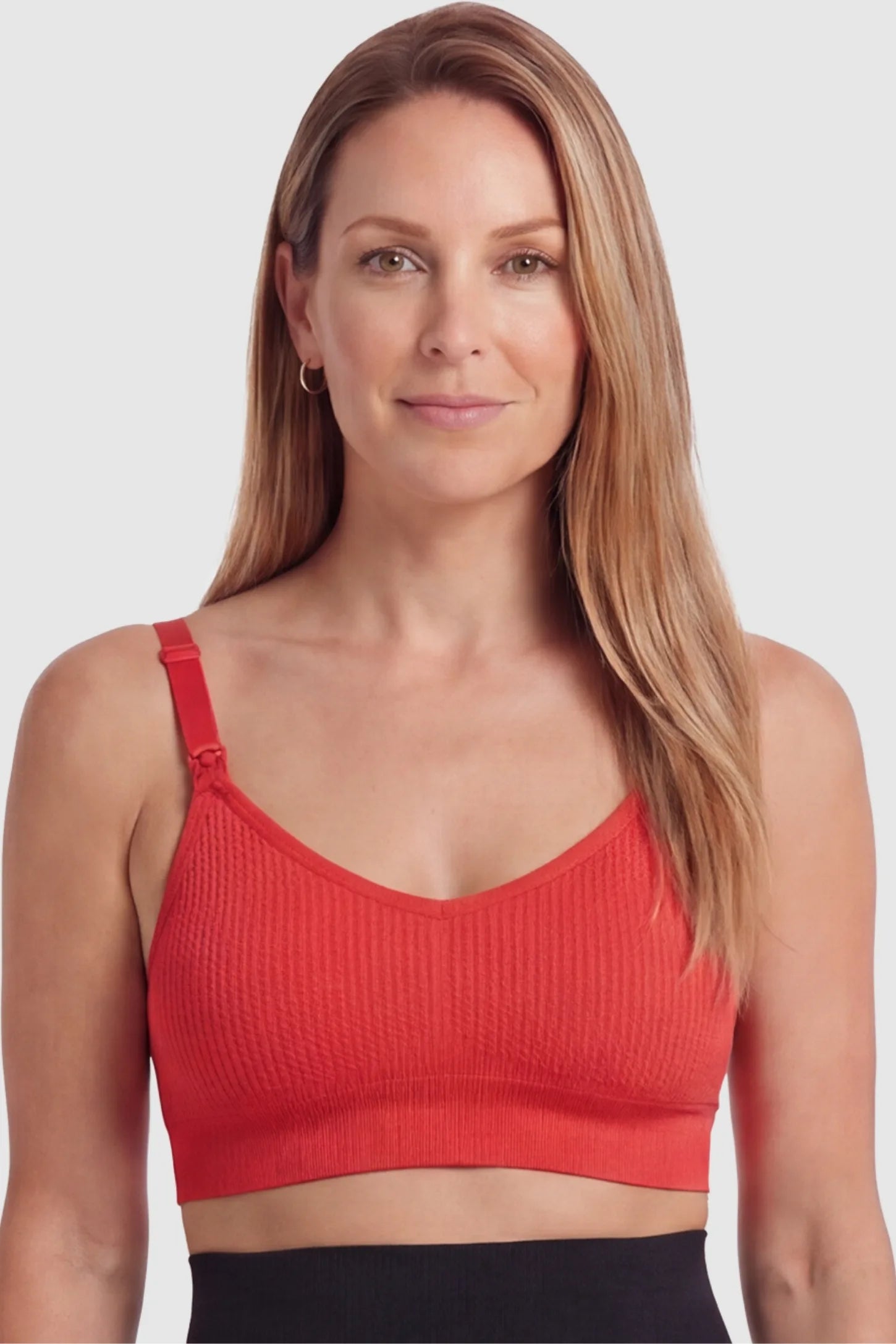 Full-Flap Seamless Top-Opening Nursing Bra Full-flap seamless top-opening nursing bra in bright red with breathable anti-leakage design, full body on postpartum model