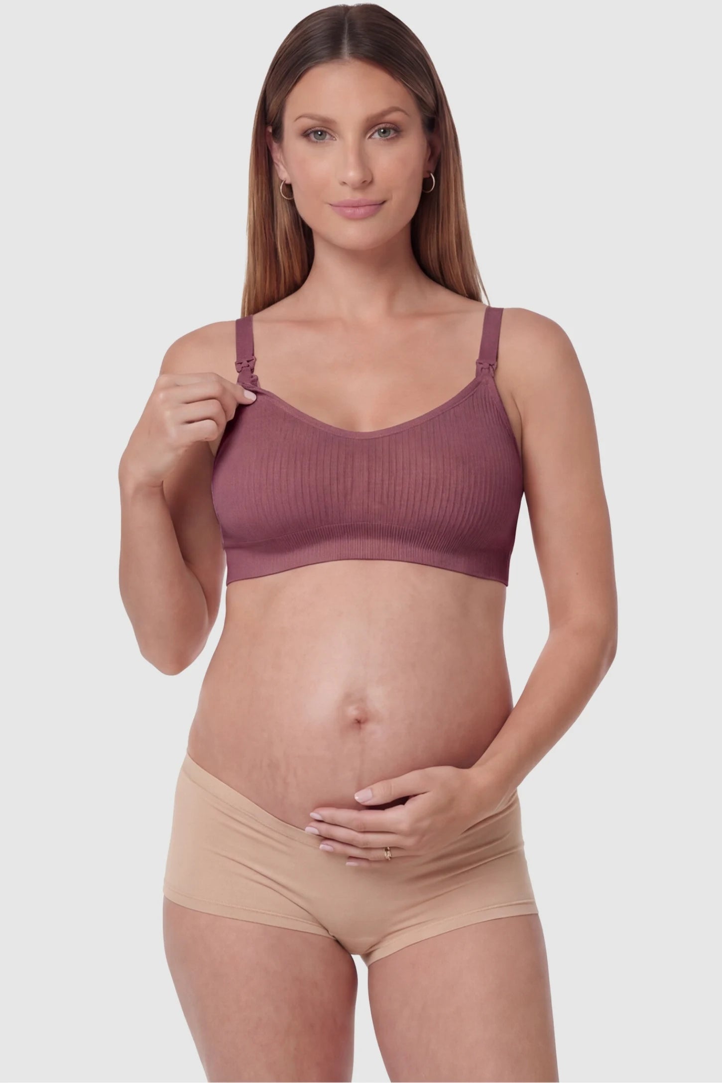 Full-Flap Seamless Top-Opening Nursing Bra Full-flap seamless top-opening nursing bra in caramel with one-hand access, front view on function demo model