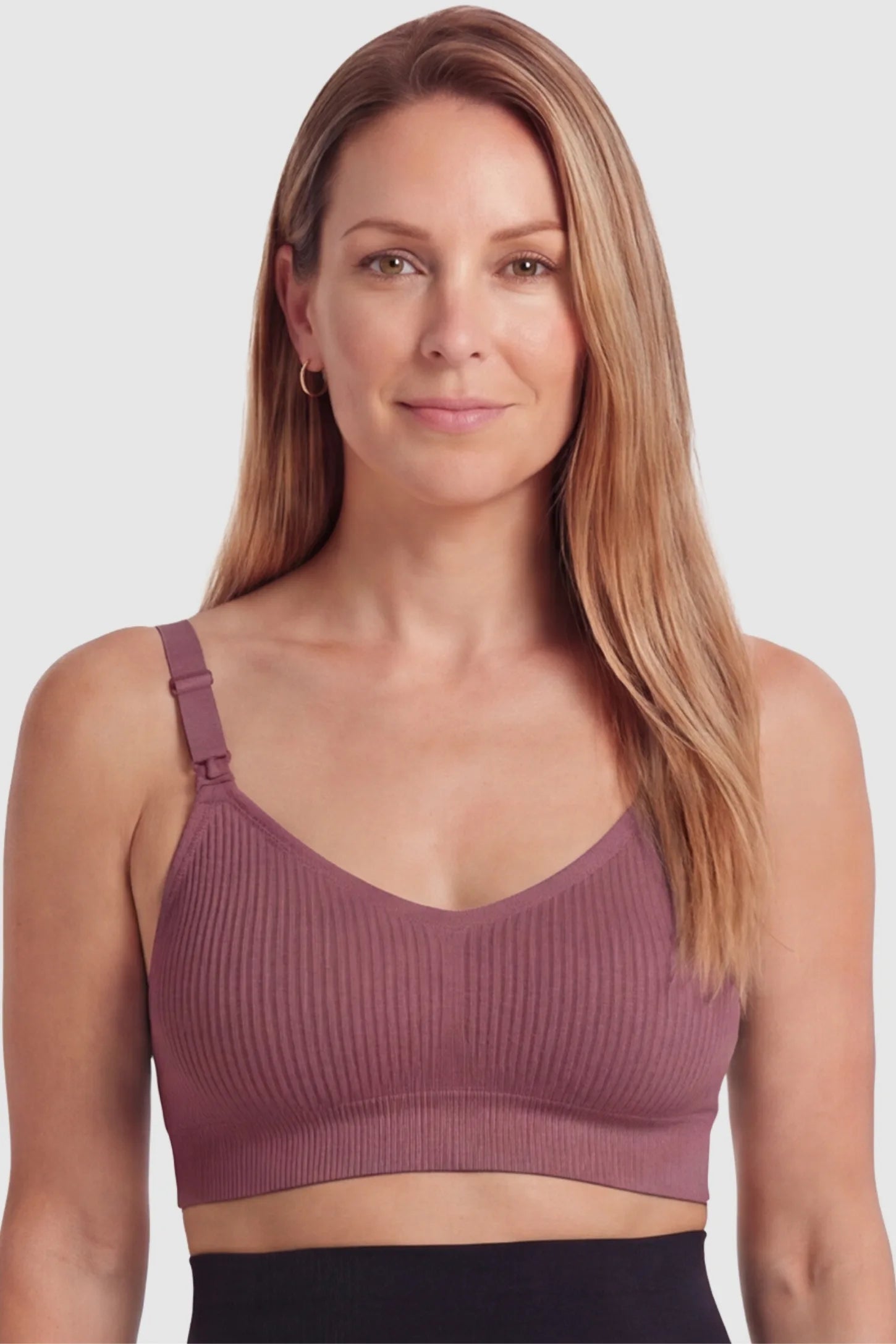 Full-Flap Seamless Top-Opening Nursing Bra Full-flap seamless top-opening nursing bra in caramel with breathable anti-leakage design, full body on postpartum model