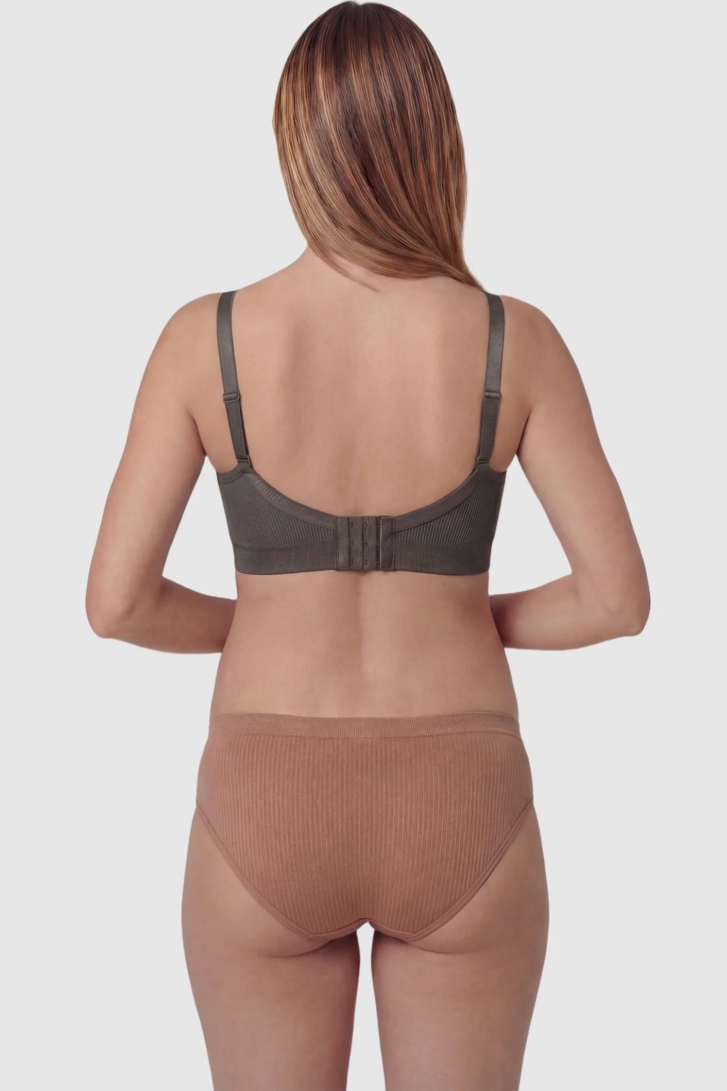 Ribbed Wireless Adjustable Shoulder Strap Nursing Bra Ribbed wireless adjustable strap nursing bra in coffee with wire-free support, back view on pregnant model