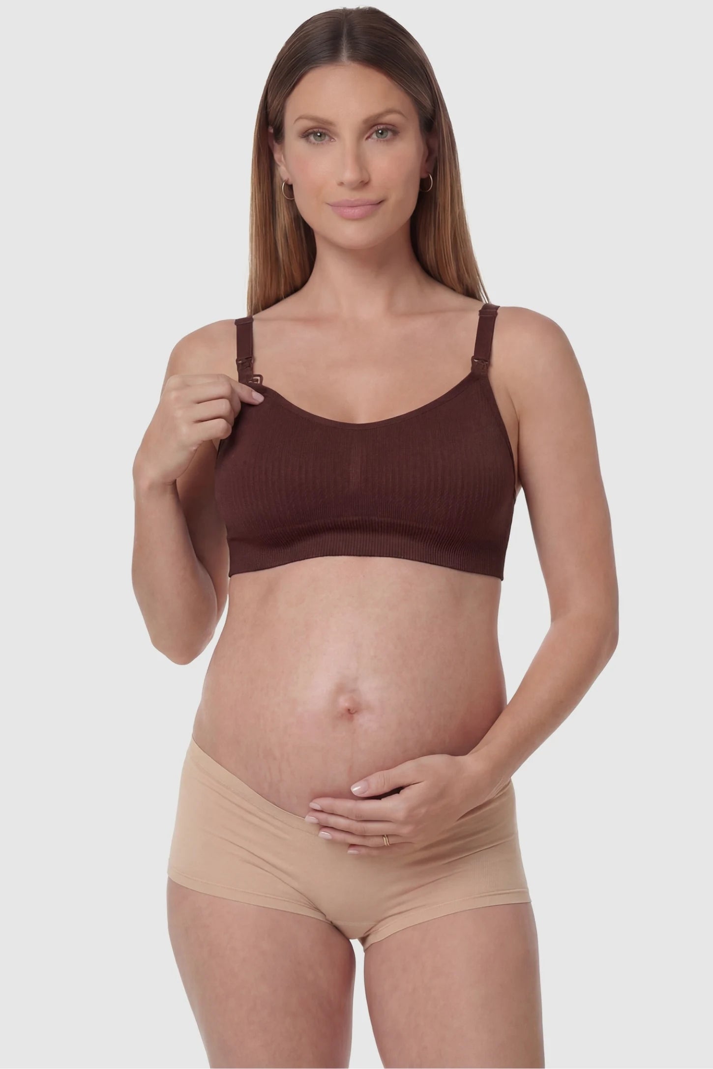 Full-Flap Seamless Top-Opening Nursing Bra Full-flap seamless top-opening nursing bra in coffee with one-hand access, front view on function demo model