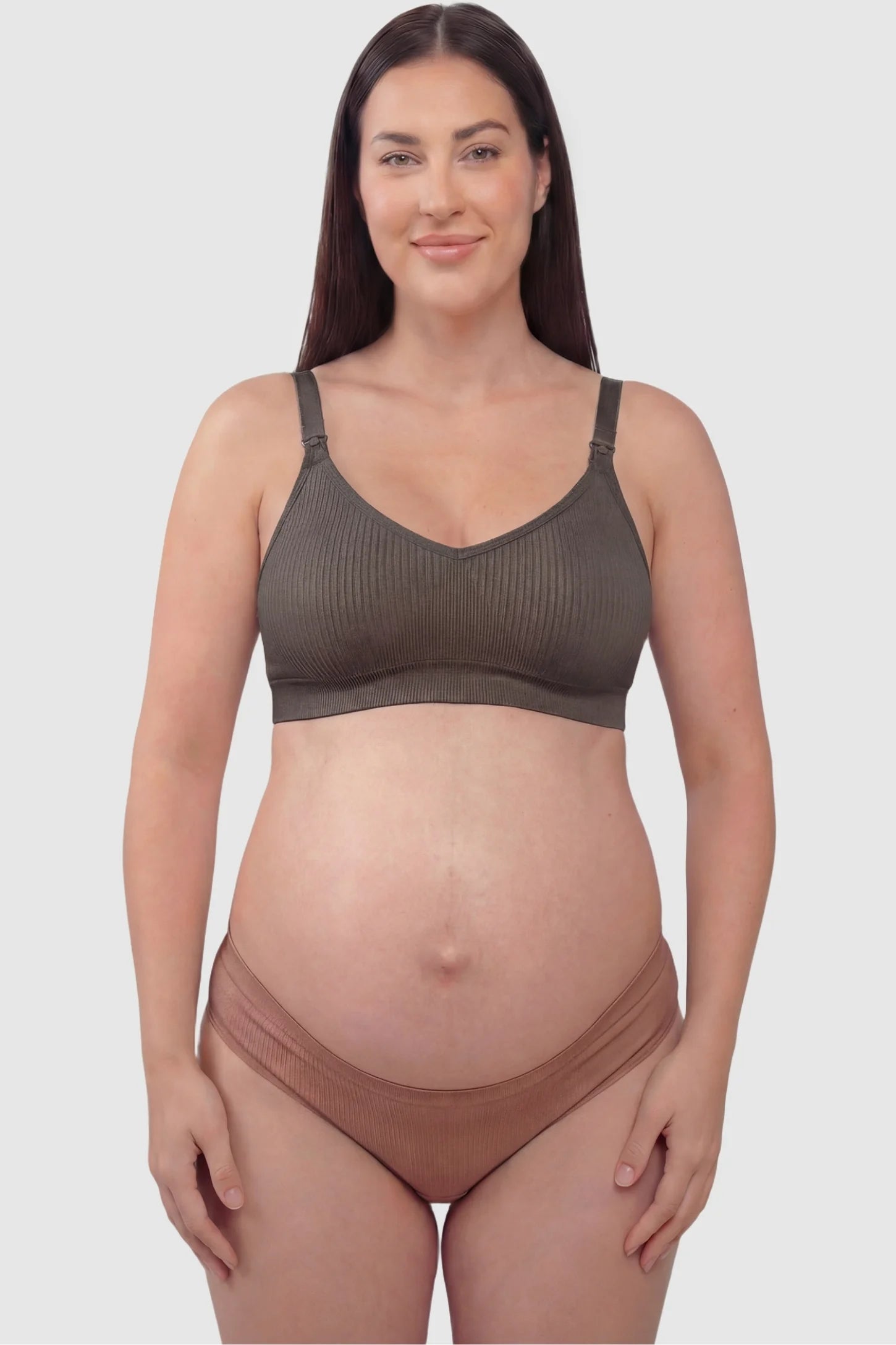 Ribbed Wireless Adjustable Shoulder Strap Nursing Bra Ribbed wireless adjustable strap nursing bra in coffee with stretchy fabric, front view on plus-size model