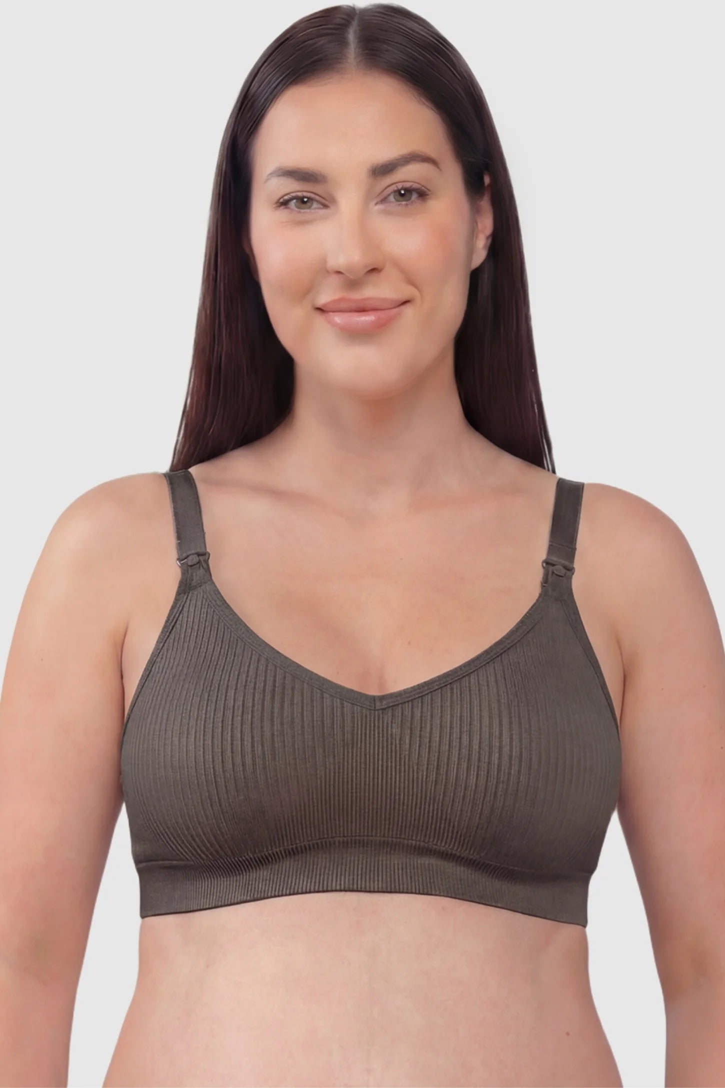 Ribbed Wireless Adjustable Shoulder Strap Nursing Bra Ribbed wireless adjustable strap nursing bra in coffee with stretchy fabric, front view on plus-size model