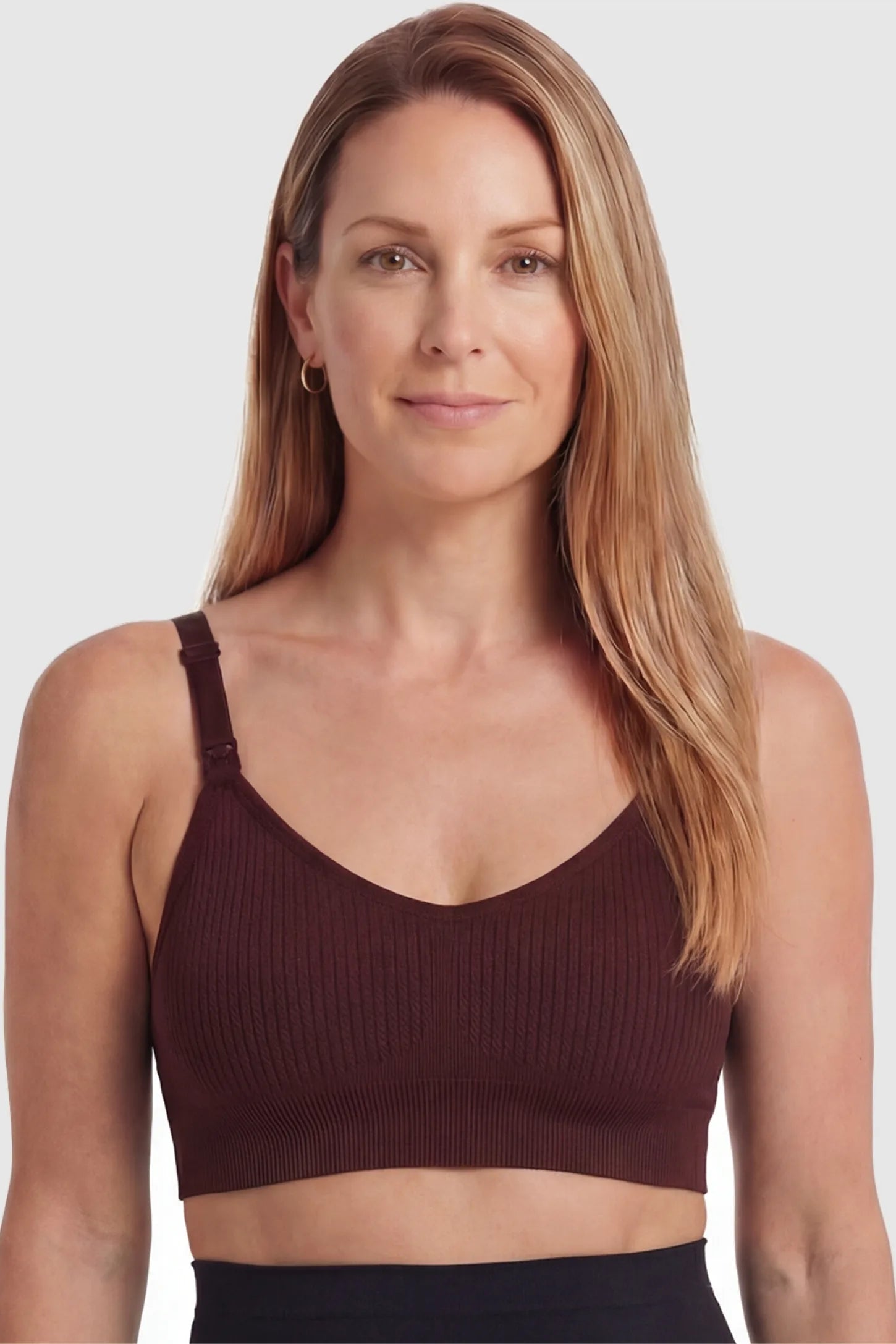 Full-Flap Seamless Top-Opening Nursing Bra Full-flap seamless top-opening nursing bra in coffee with breathable anti-leakage design, full body on postpartum model