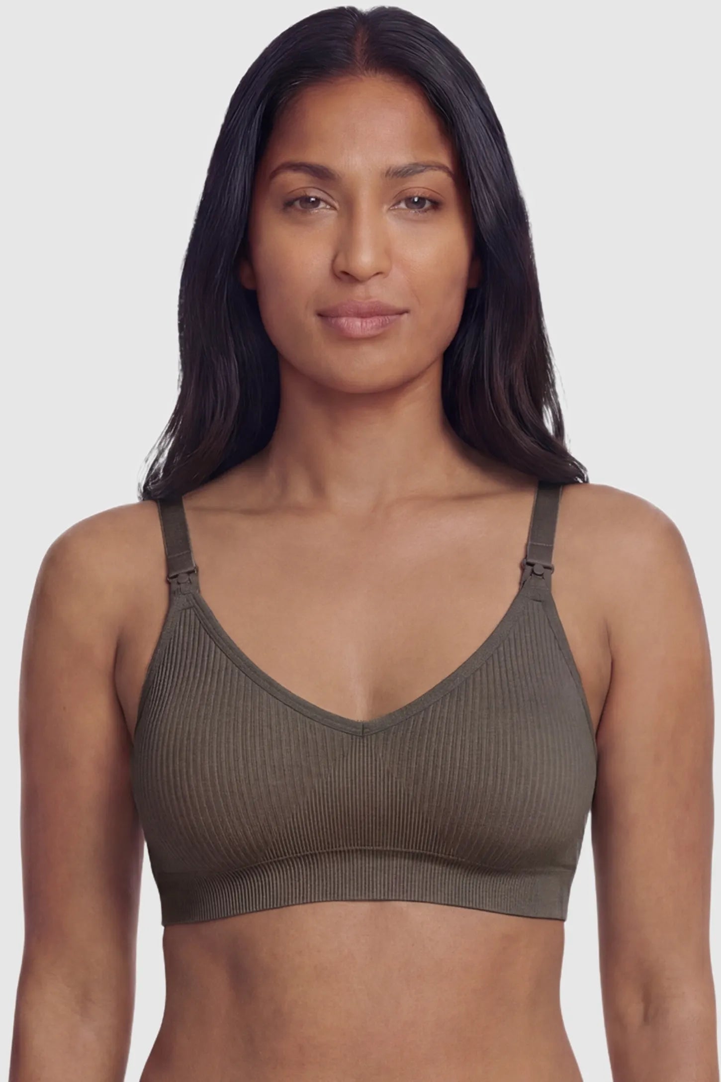 Ribbed Wireless Adjustable Shoulder Strap Nursing Bra Ribbed wireless adjustable strap nursing bra in coffee with stretchy fabric, front view on postpartum model