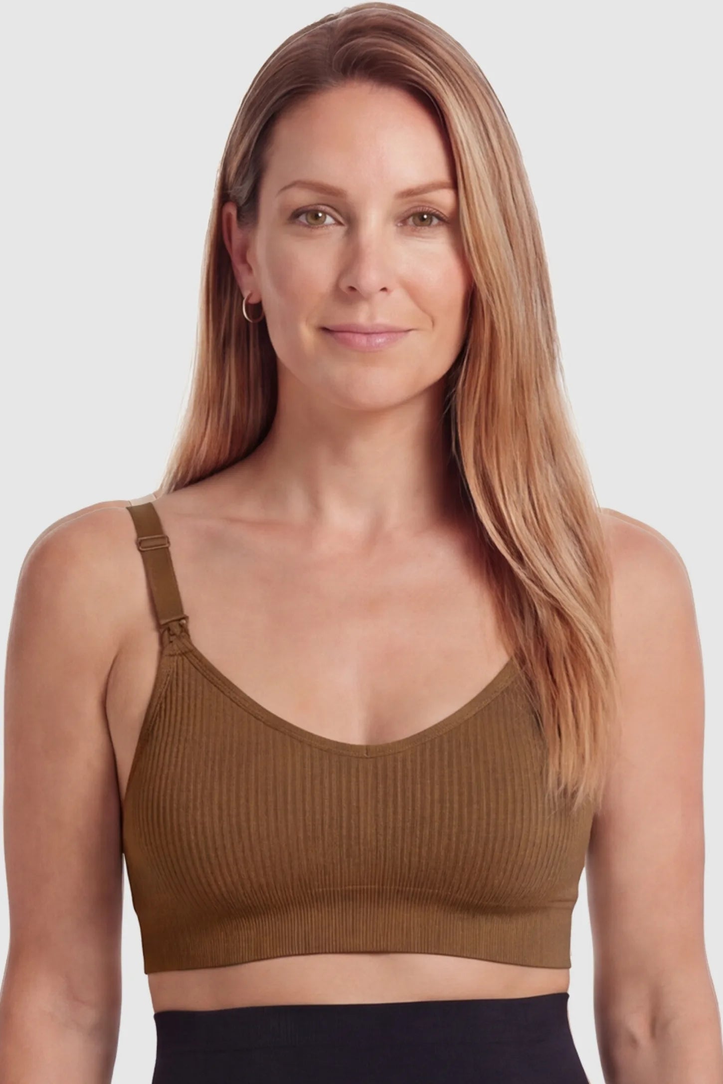 Full-Flap Seamless Top-Opening Nursing Bra Full-flap seamless top-opening nursing bra in dark brown with breathable anti-leakage design, full body on postpartum model