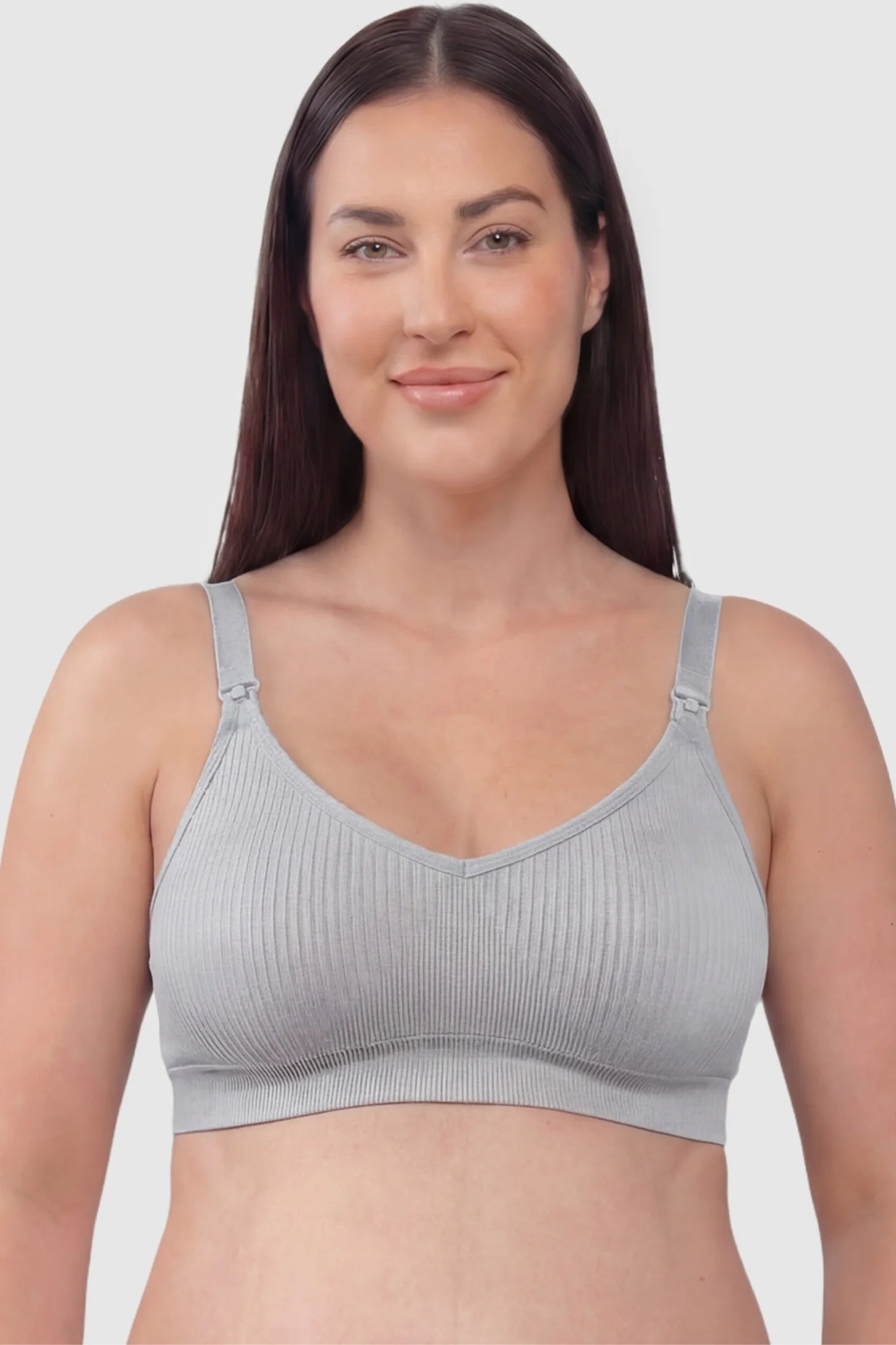 Ribbed Wireless Adjustable Shoulder Strap Nursing Bra Ribbed wireless adjustable strap nursing bra in gray with stretchy fabric, front view on plus-size model