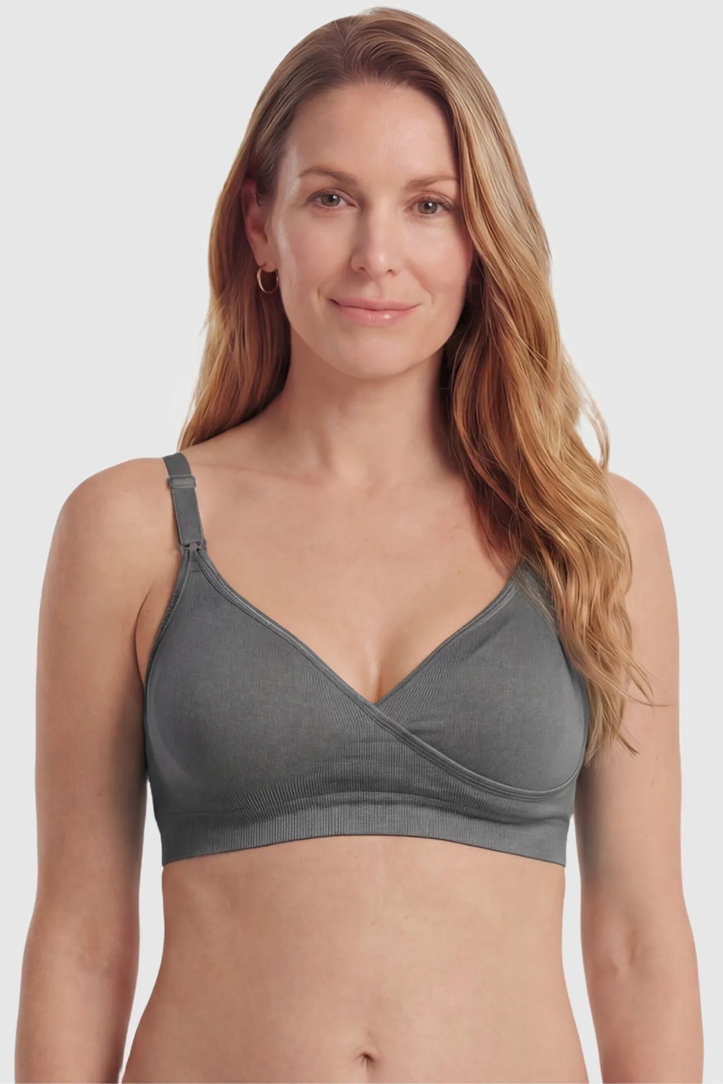 Seamless Front-Open Cross Wireless Nursing Bra Seamless front-open cross wireless nursing bra in gray with flexible support, full body on postpartum model