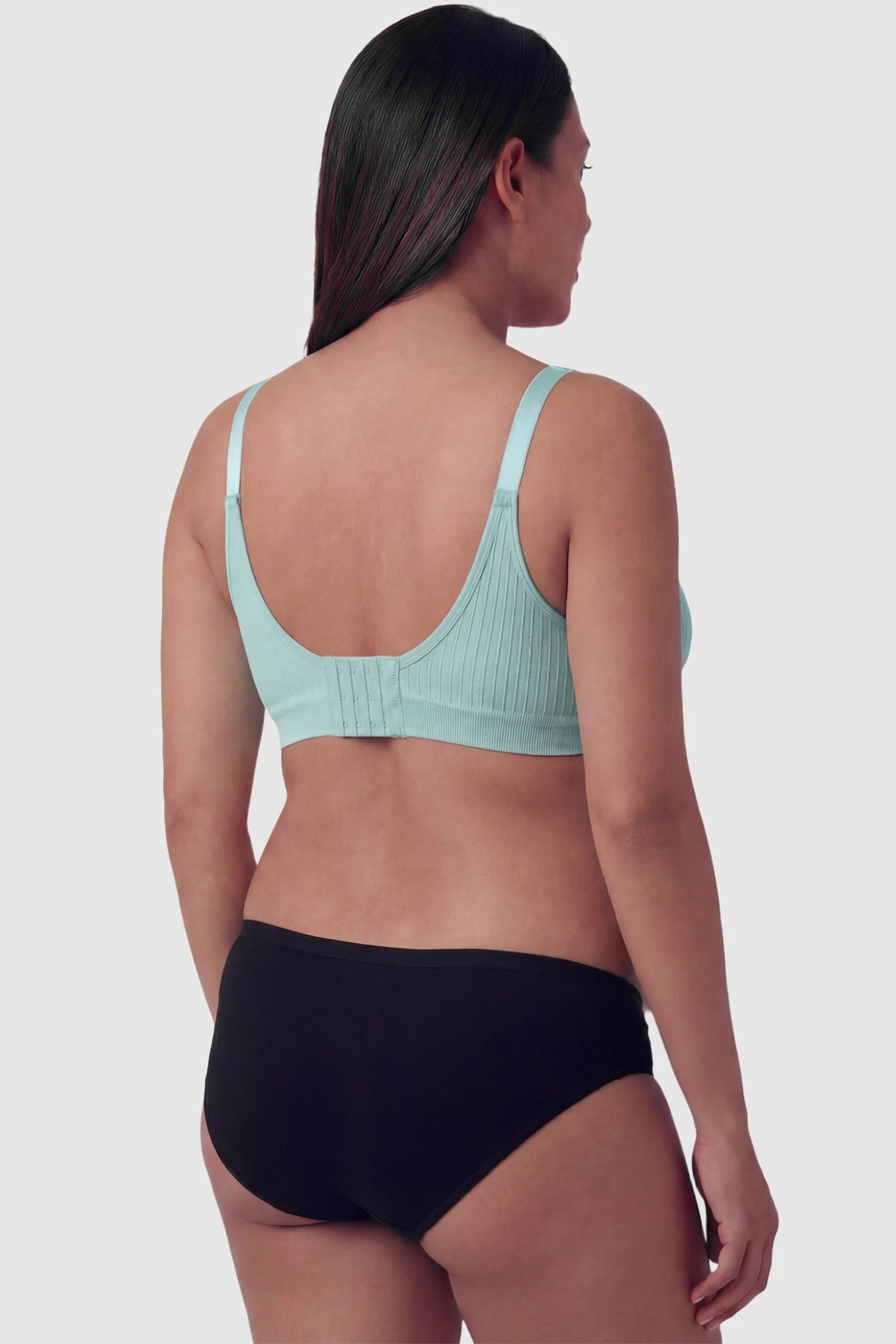 Seamless Front-Open Cross Wireless Nursing Bra Seamless front-open cross wireless nursing bra in green with wire-free design, back view on pregnant model