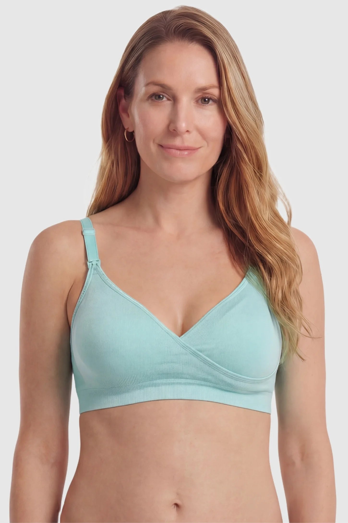 Seamless Front-Open Cross Wireless Nursing Bra Seamless front-open cross wireless nursing bra in green with flexible support, full body on postpartum model