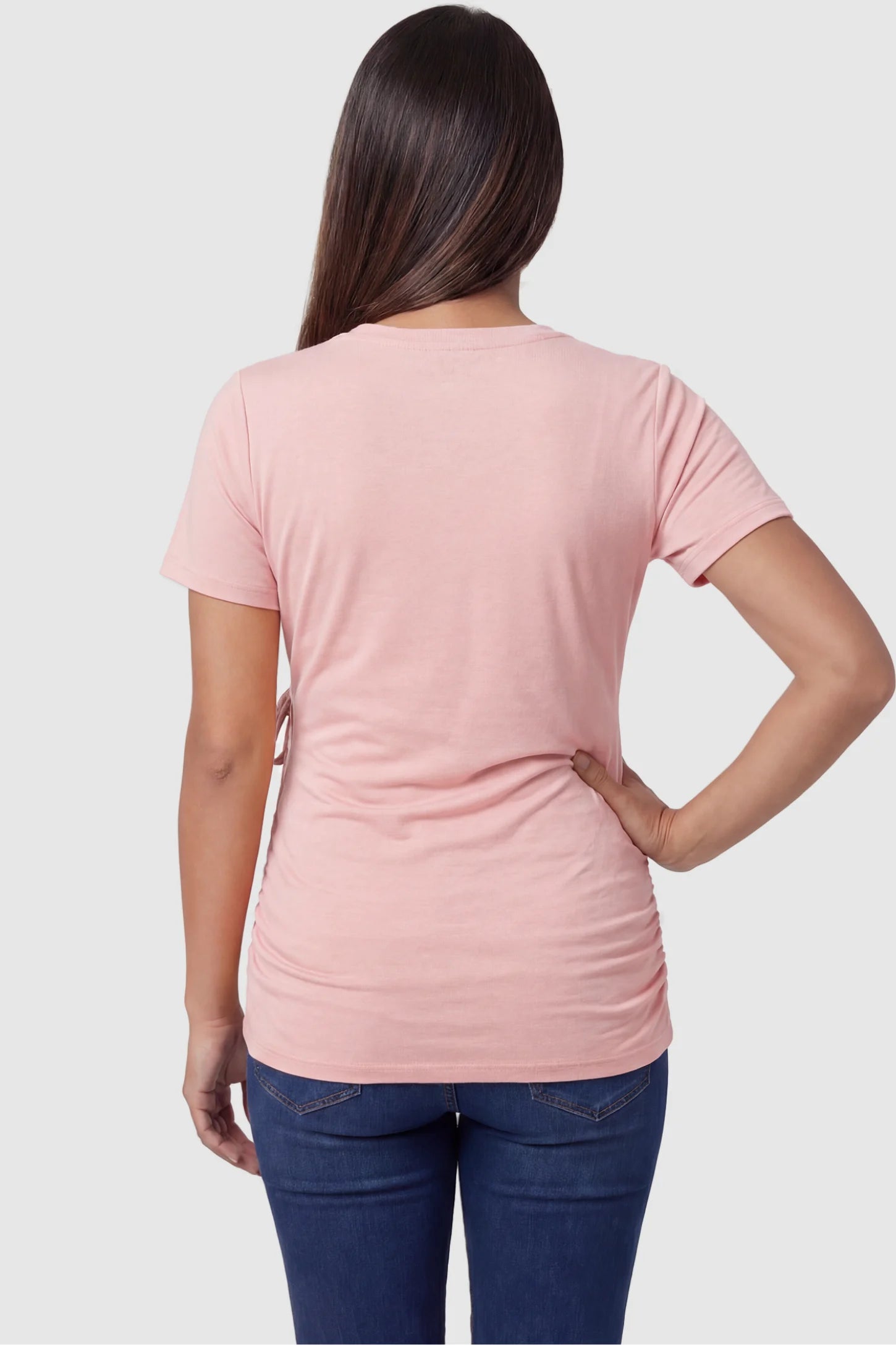 Nursing Access V-Neck Wrap Maternity & Nursing Top Nursing access V-neck wrap maternity and nursing top in pink with short sleeves, back view on pregnant model