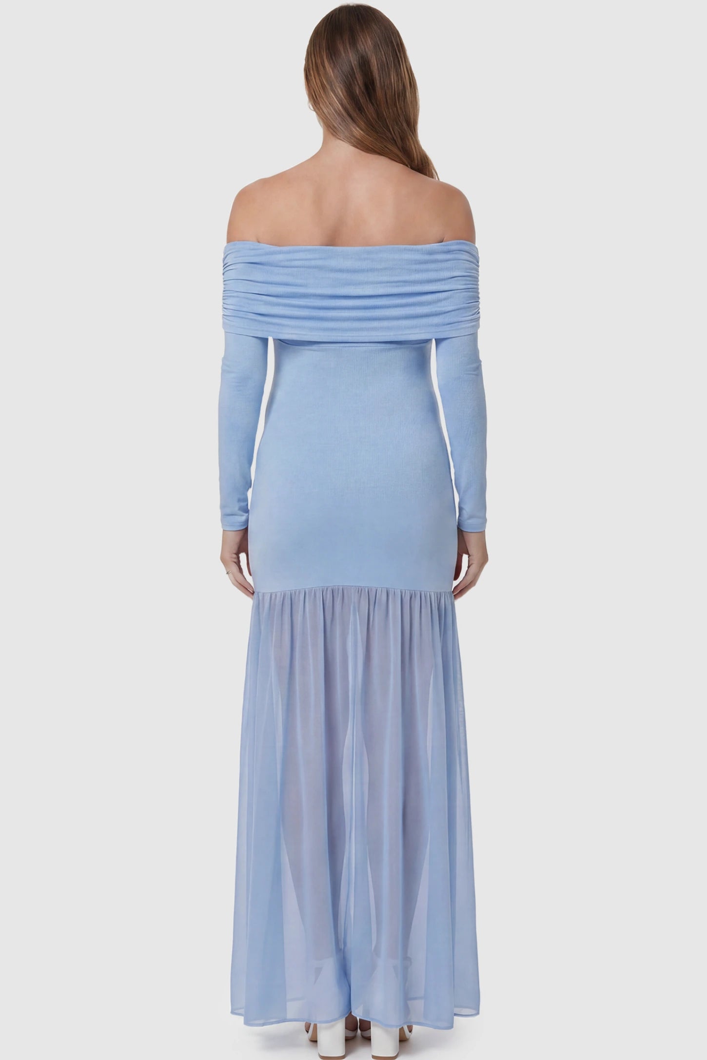 Off-Shoulder Side Ruched Mermaid Maternity Maxi Dress Off-shoulder side ruched mermaid maternity maxi dress in blue with elegant long sleeves, back view on pregnant model