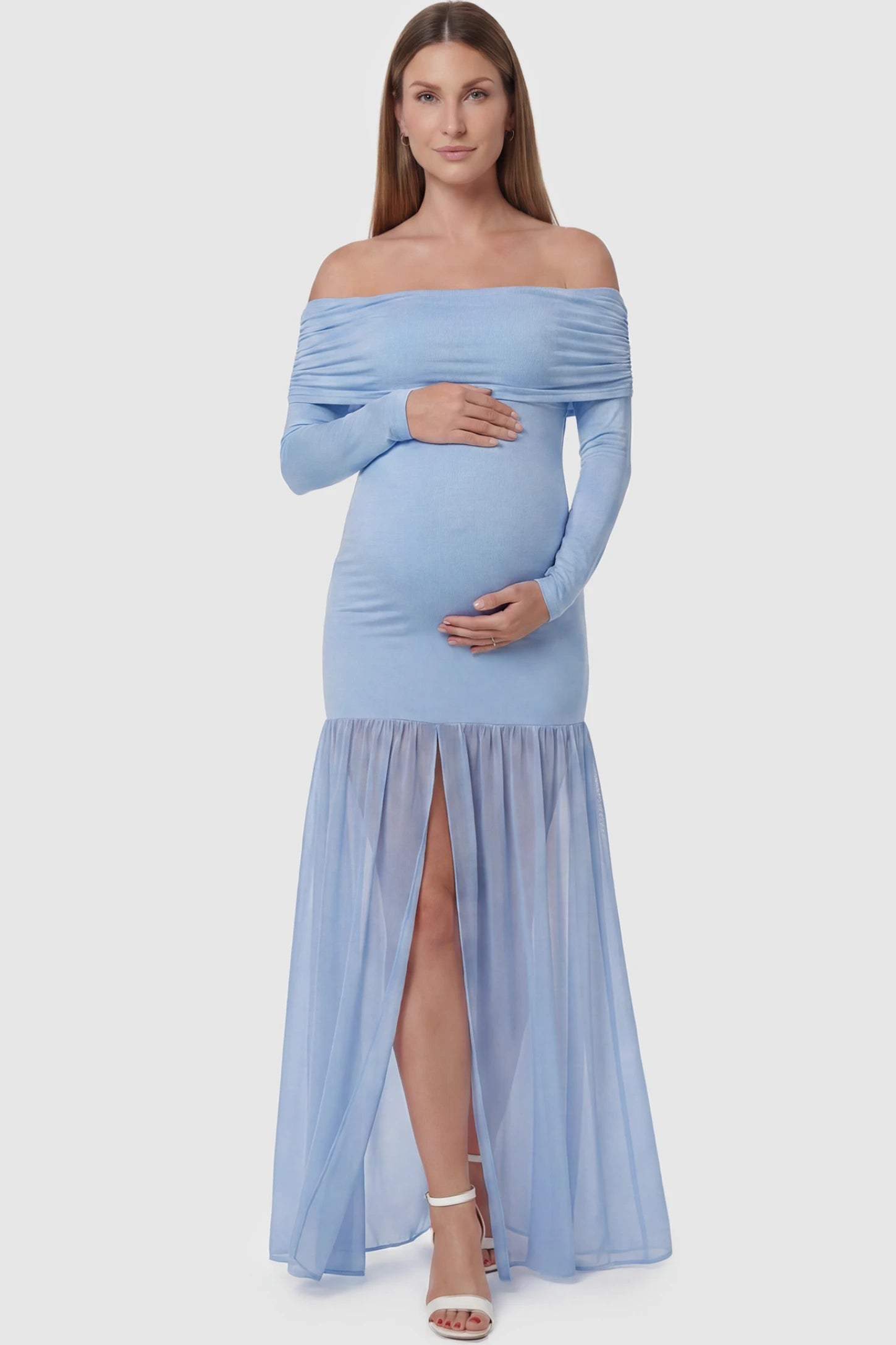 Off-Shoulder Side Ruched Mermaid Maternity Maxi Dress Off-shoulder side ruched mermaid maternity maxi dress in blue with off-shoulder neckline and front slit, front view on pregnant model