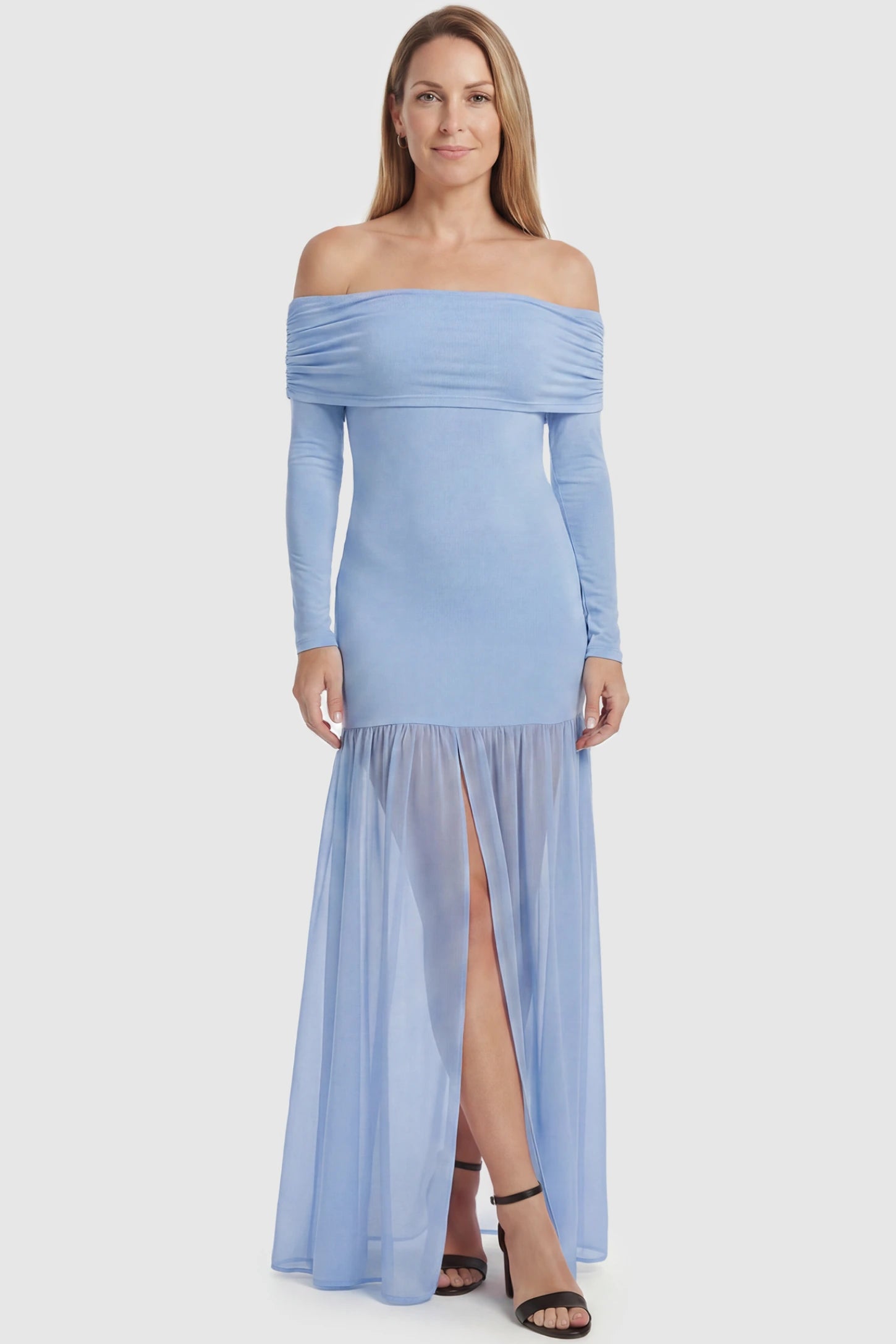 Off-Shoulder Side Ruched Mermaid Maternity Maxi Dress Off-shoulder side ruched mermaid maternity maxi dress in blue with off-shoulder neckline and front slit, front view on postpartum model