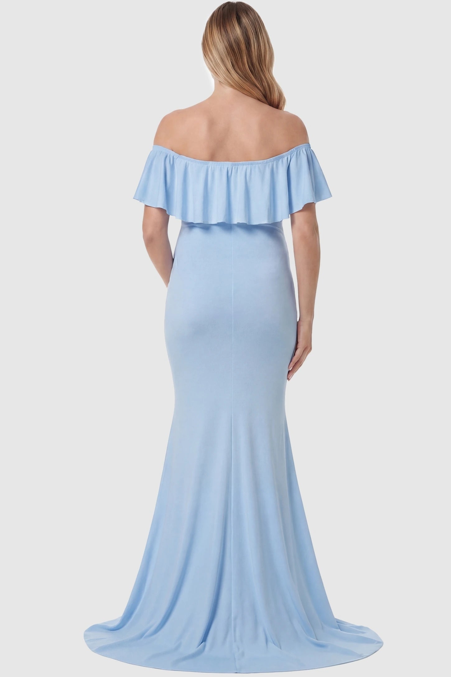 Ruffle Off-Shoulder Slim Fit Maxi Maternity Dress Ruffle off-shoulder slim fit maxi maternity dress in light blue featuring slim-fit flowing back design in back view on a pregnant model