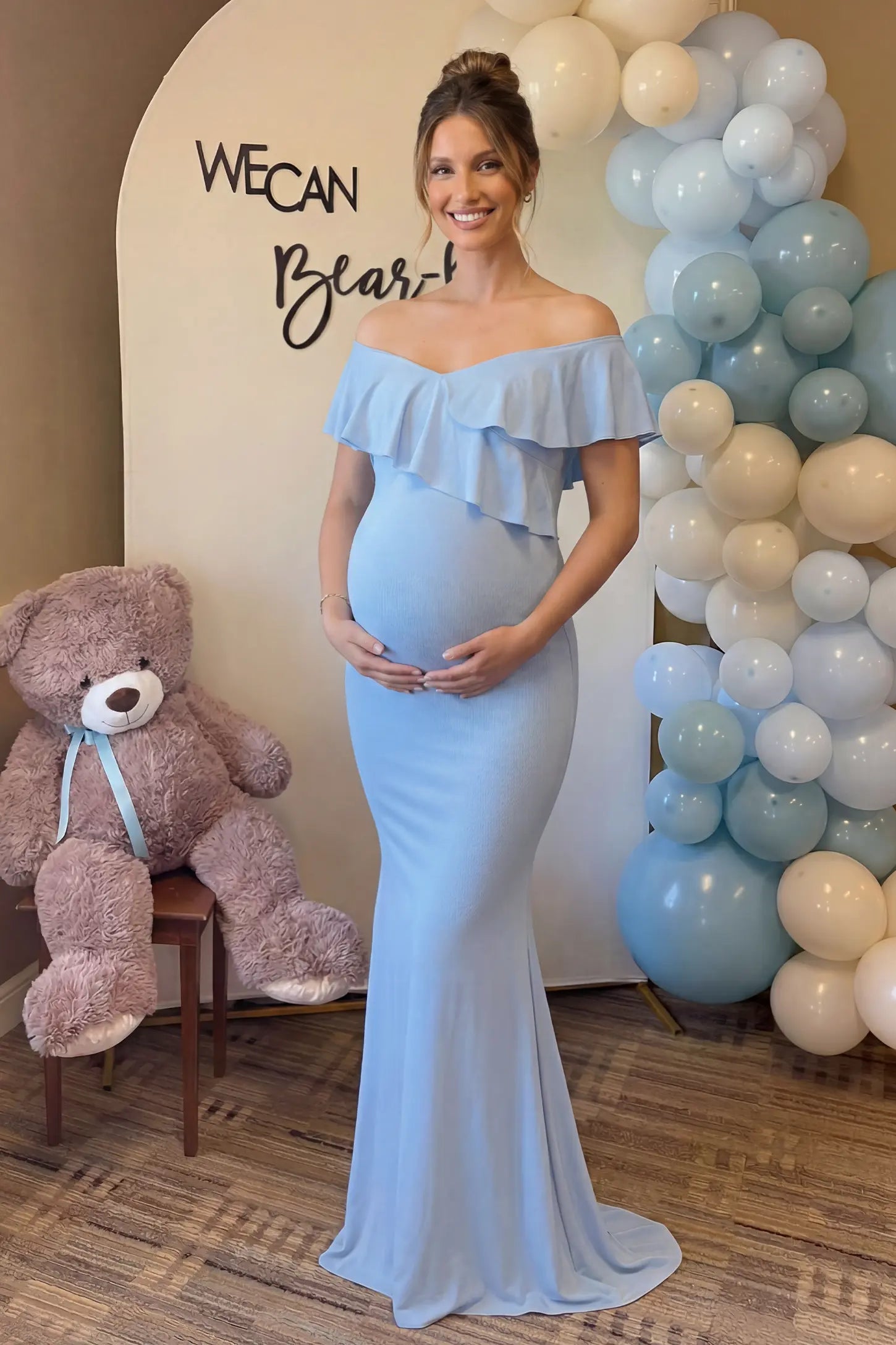 Ruffle off-shoulder slim fit maxi maternity dress in light blue with elegant maternity style, on UGC model