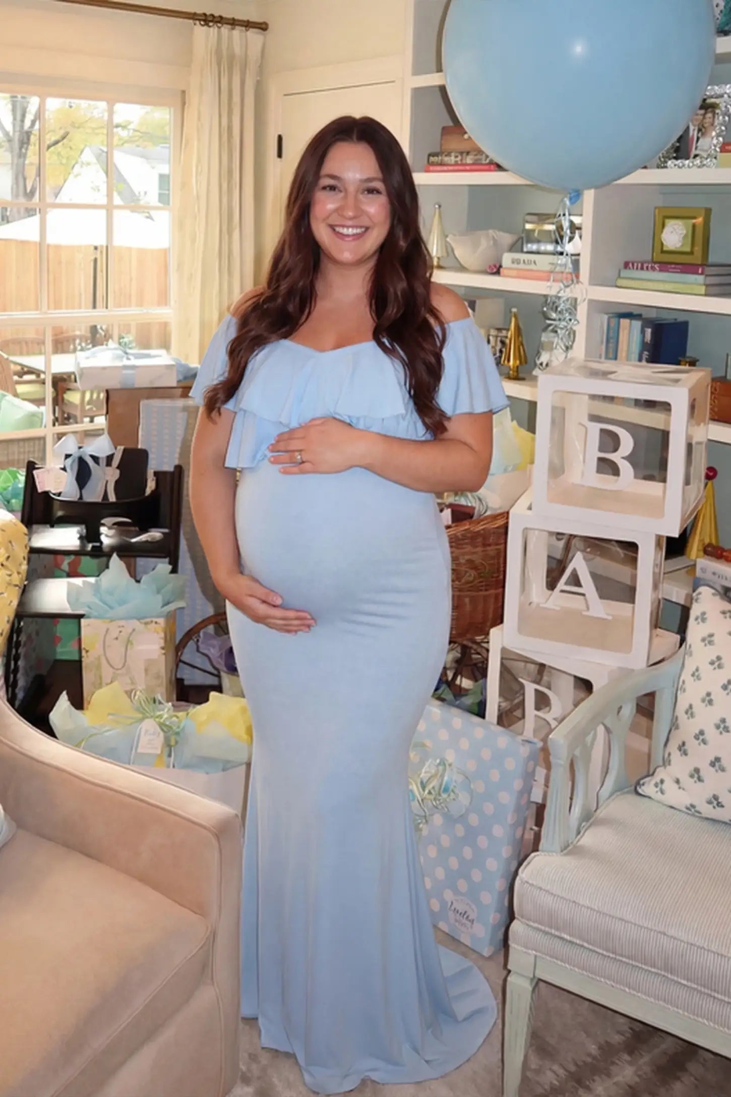 Ruffle Off-Shoulder Slim Fit Maxi Maternity Dress Ruffle off-shoulder slim fit maxi maternity dress in light blue with elegant maternity style, on UGC model