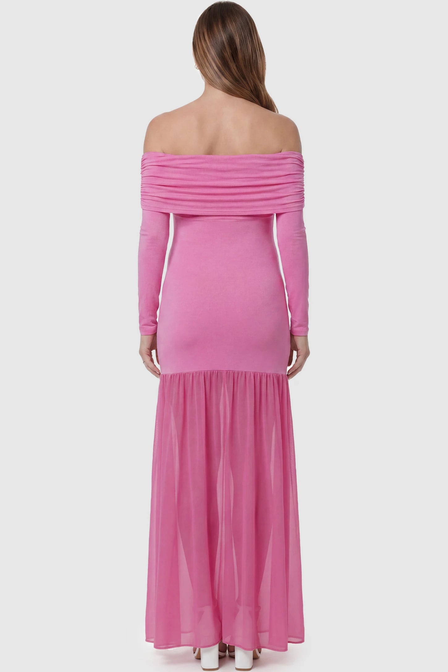 Off-Shoulder Side Ruched Mermaid Maternity Maxi Dress Off-shoulder side ruched mermaid maternity maxi dress in pink with elegant long sleeves, back view on pregnant model