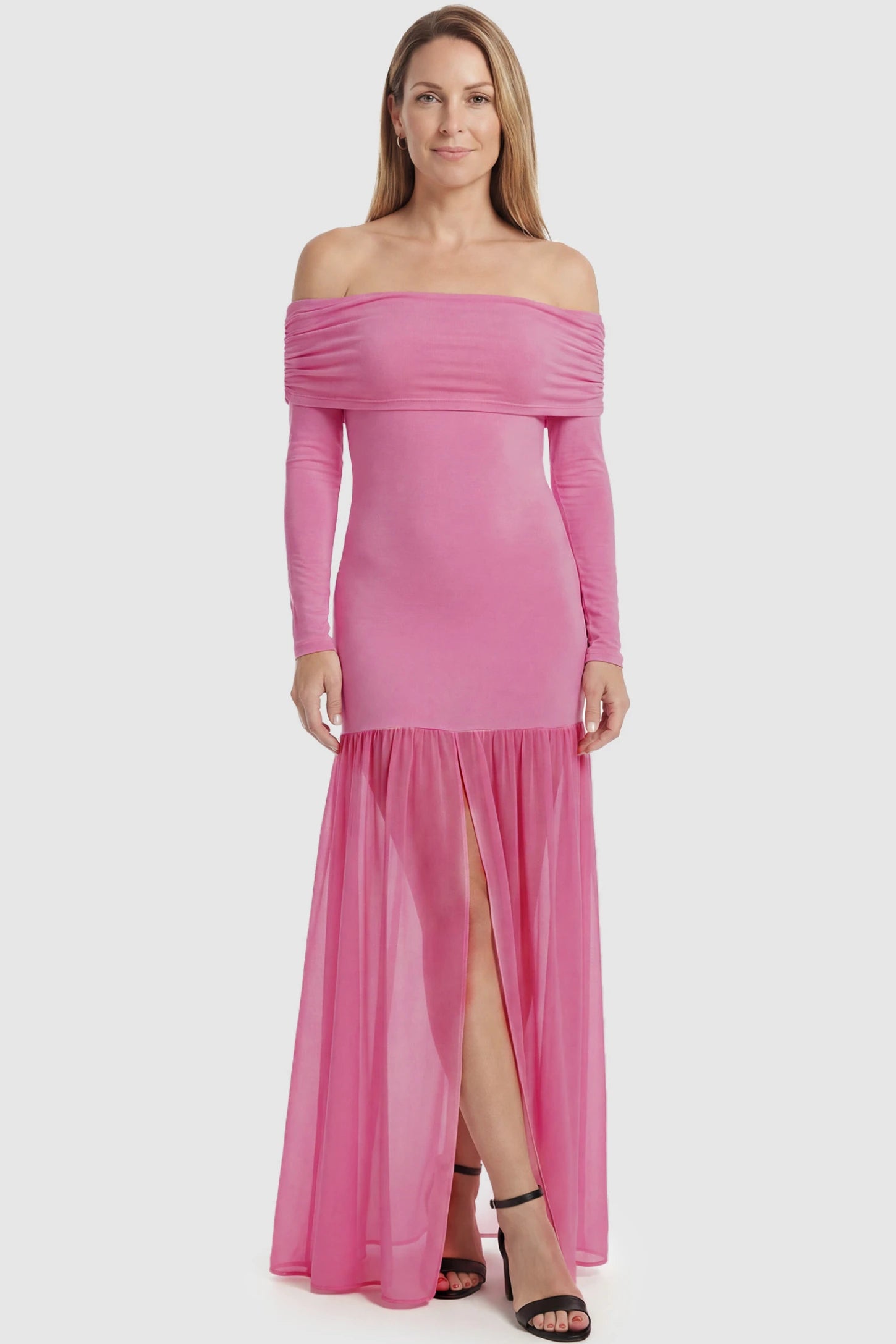 Off-Shoulder Side Ruched Mermaid Maternity Maxi Dress Off-shoulder side ruched mermaid maternity maxi dress in pink with off-shoulder neckline and front slit, front view on postpartum model