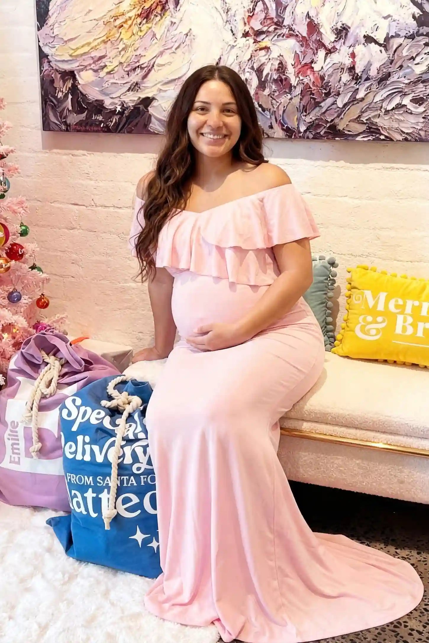Ruffle Off-Shoulder Slim Fit Maxi Maternity Dress Ruffle off-shoulder slim fit maxi maternity dress in pink with elegant maternity style, on UGC model