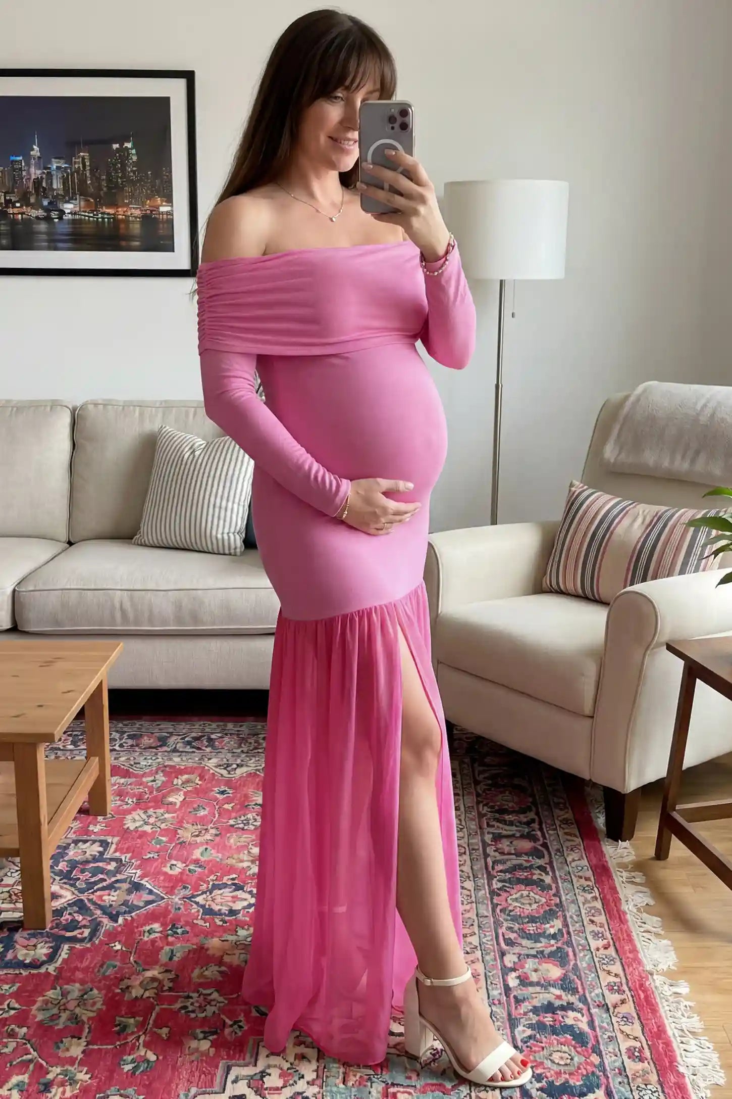 Off-Shoulder Side Ruched Mermaid Maternity Maxi Dress Off-shoulder side ruched mermaid maternity maxi dress in pink with off-shoulder neckline and front slit, front view on pregnant model