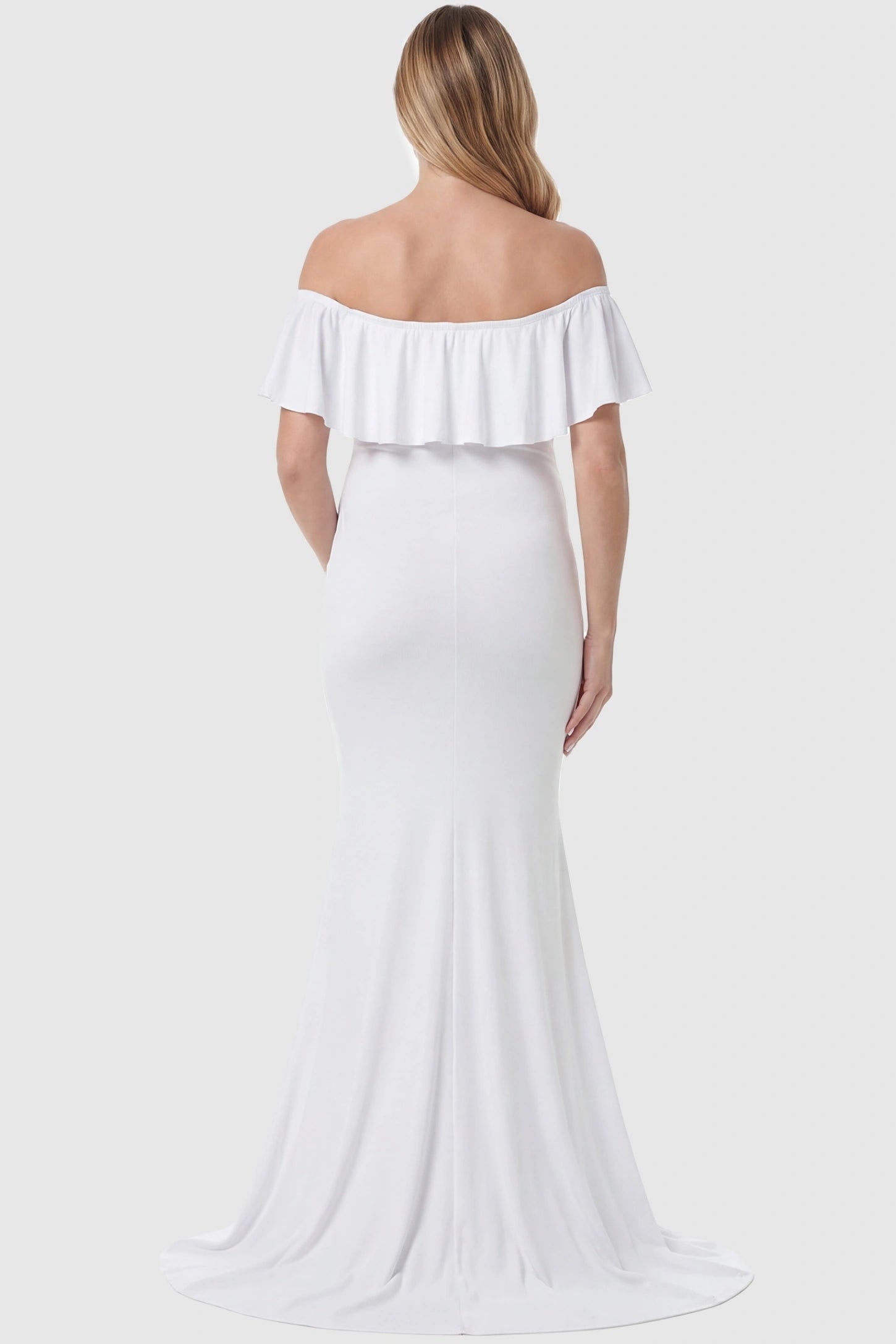 Ruffle Off-Shoulder Slim Fit Maxi Maternity Dress Ruffle off-shoulder slim fit maxi maternity dress in white featuring slim-fit flowing back design in back view on a pregnant model