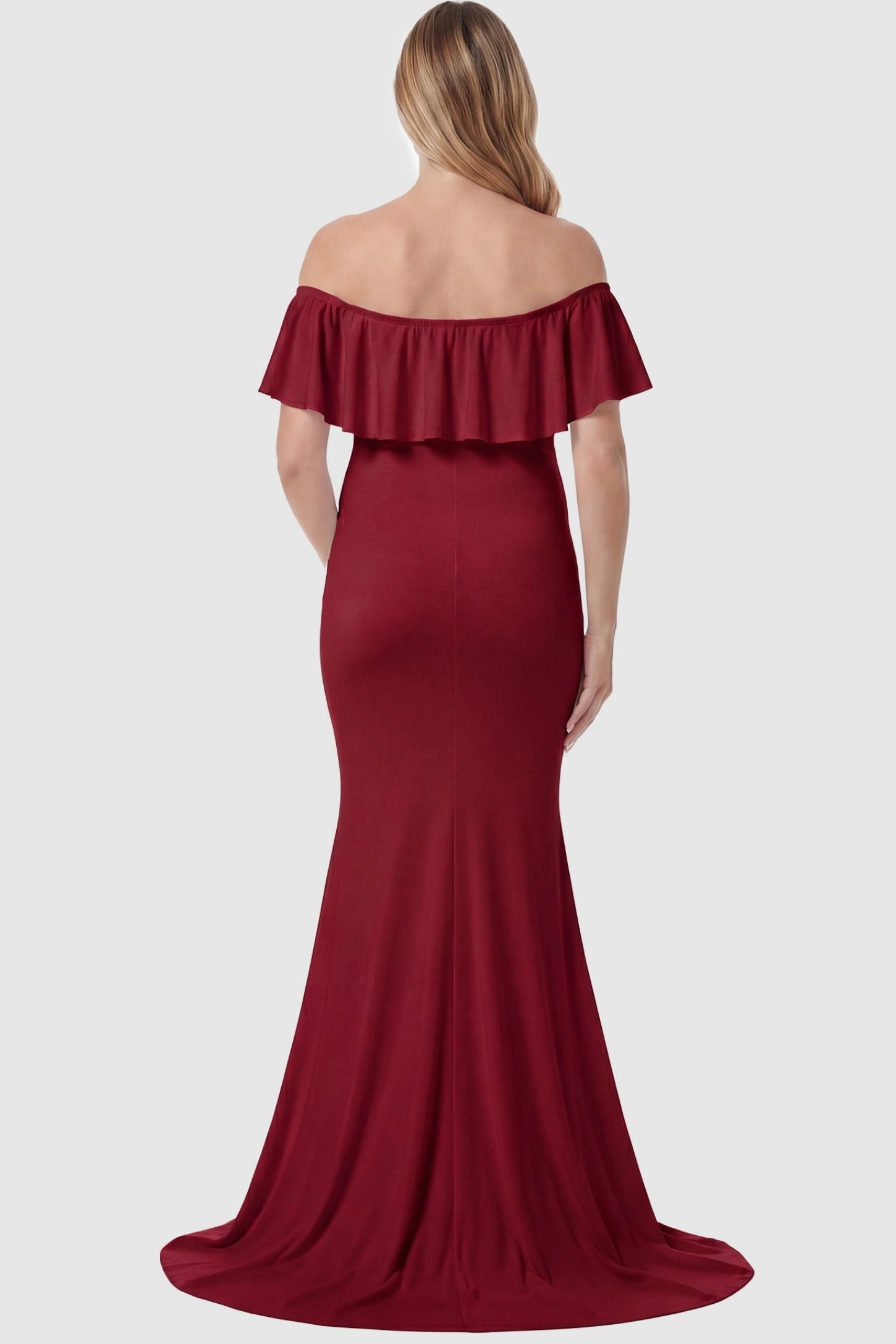 Ruffle Off-Shoulder Slim Fit Maxi Maternity Dress Ruffle off-shoulder slim fit maxi maternity dress in wine red featuring slim-fit flowing back design in back view on a pregnant model