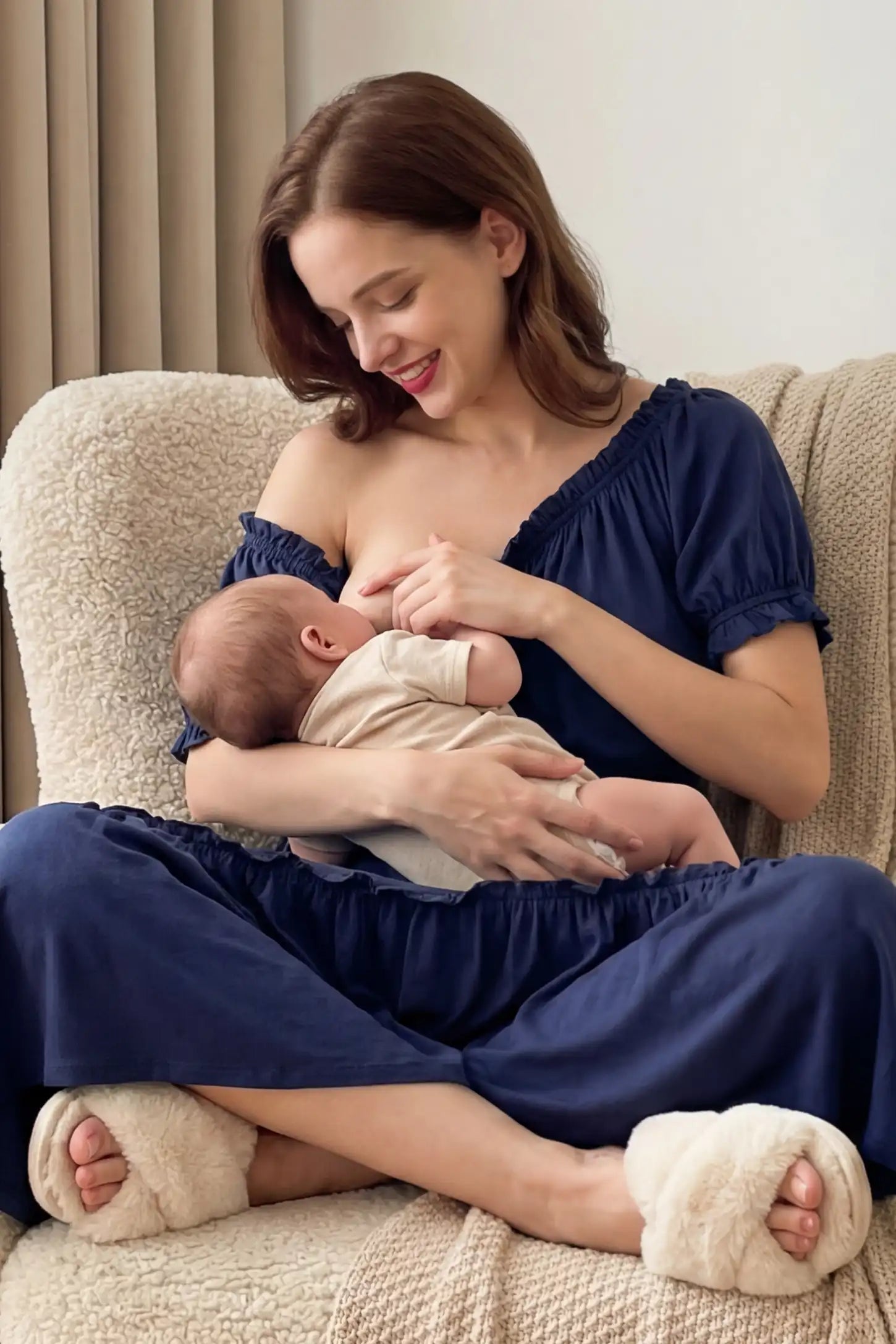 Ruffle Off-The-Shoulder Tiered Maternity Dress Ruffle Off-The-Shoulder Tiered Maternity Dress in Blue featuring short puff sleeves on a breastfeeding model.