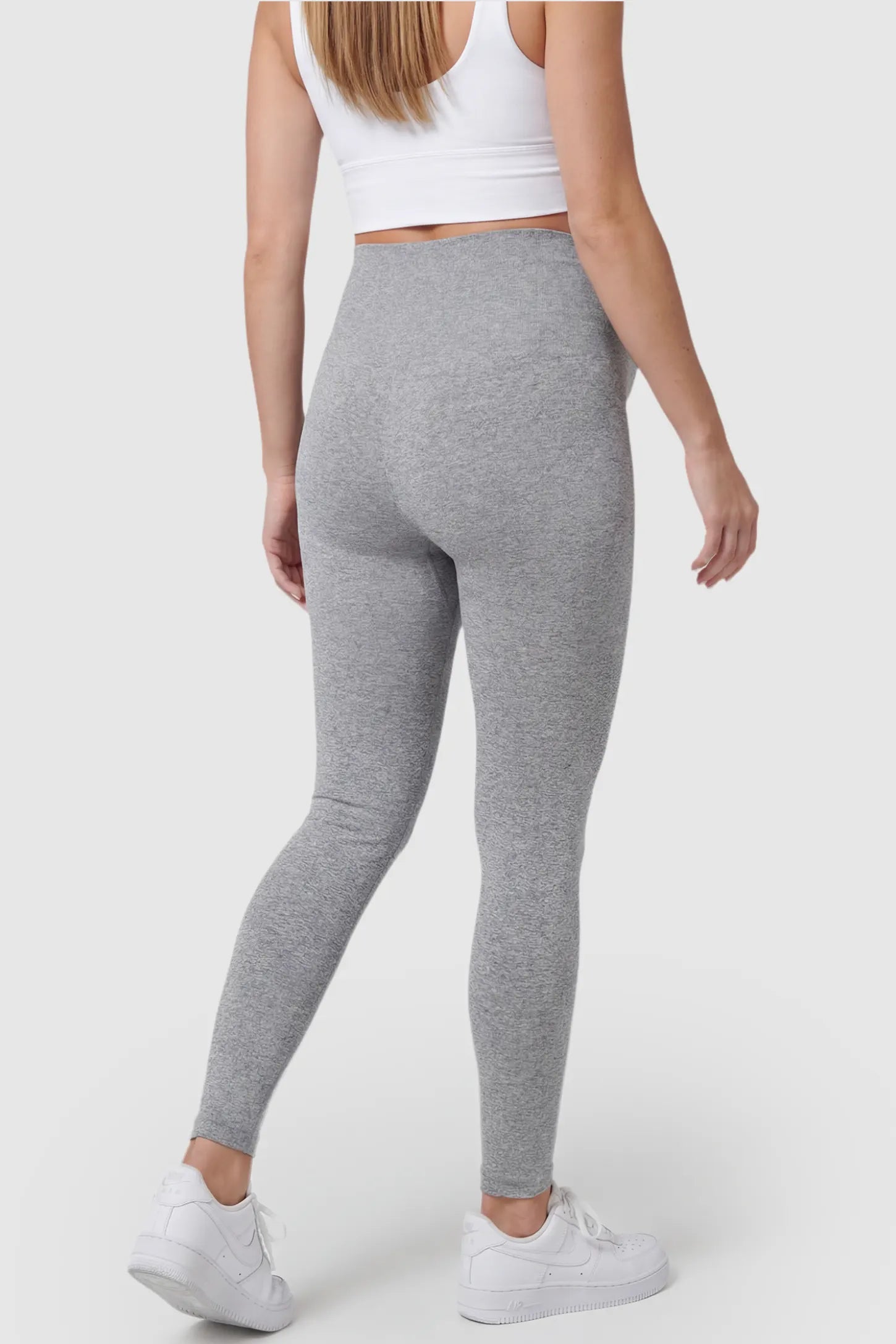 Over-The-Belly Full-Length Maternity Yoga Leggings Over-The-Belly Full-Length Maternity Yoga Leggings in gray featuring contouring bodycon fit and supportive full panel on pregnant model.