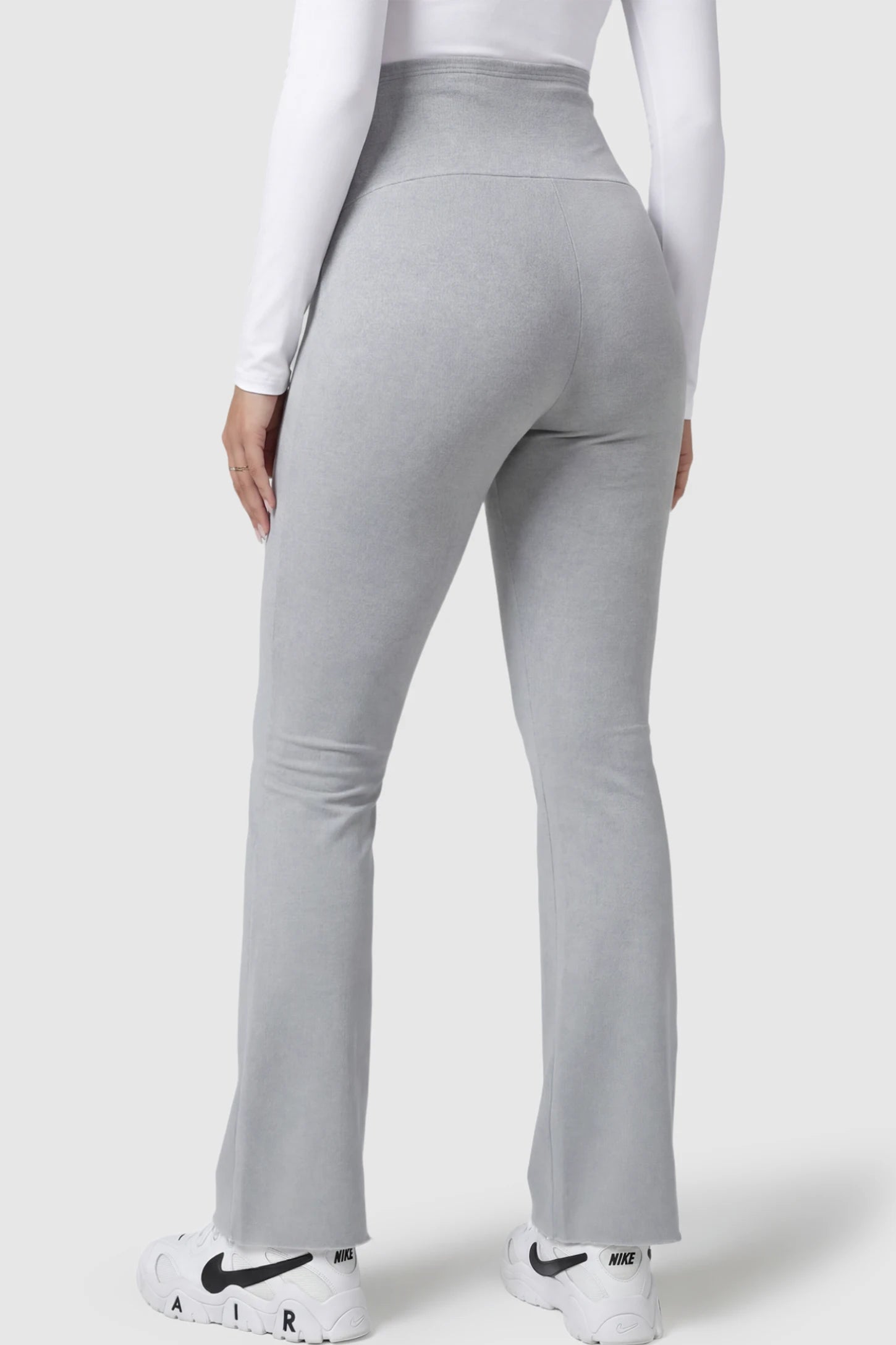 Full Panel Pocketed Flare Leg Maternity Leggings Full Panel Pocketed Flare Leg Maternity Leggings in Gray  on a pregnant model.