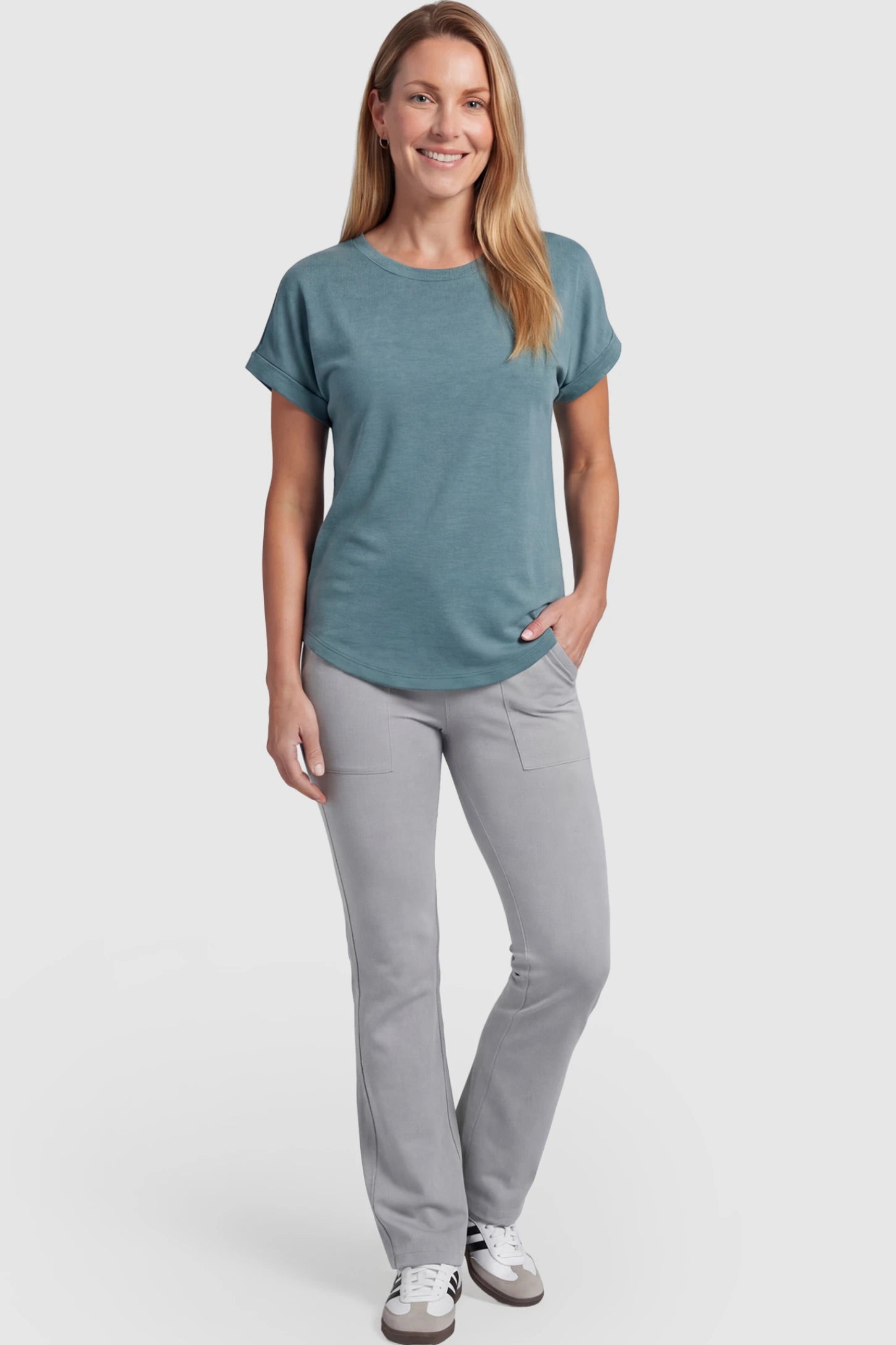 Full Panel Pocketed Flare Leg Maternity Leggings Full Panel Pocketed Flare Leg Maternity Leggings in Gray featuring a ribbed over-the-bump panel on a postpartum model.