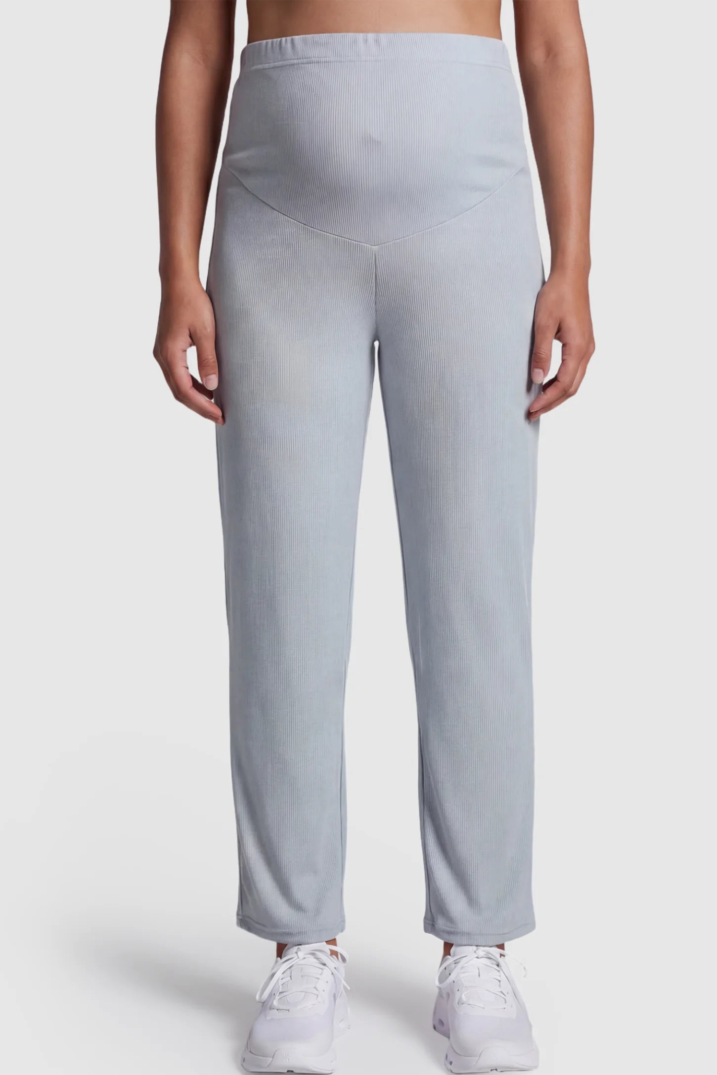 Adjustable Elastic Waist Straight Leg Maternity Pants Straight Leg Maternity Pants in green featuring an adjustable elastic waist on a pregnant model.