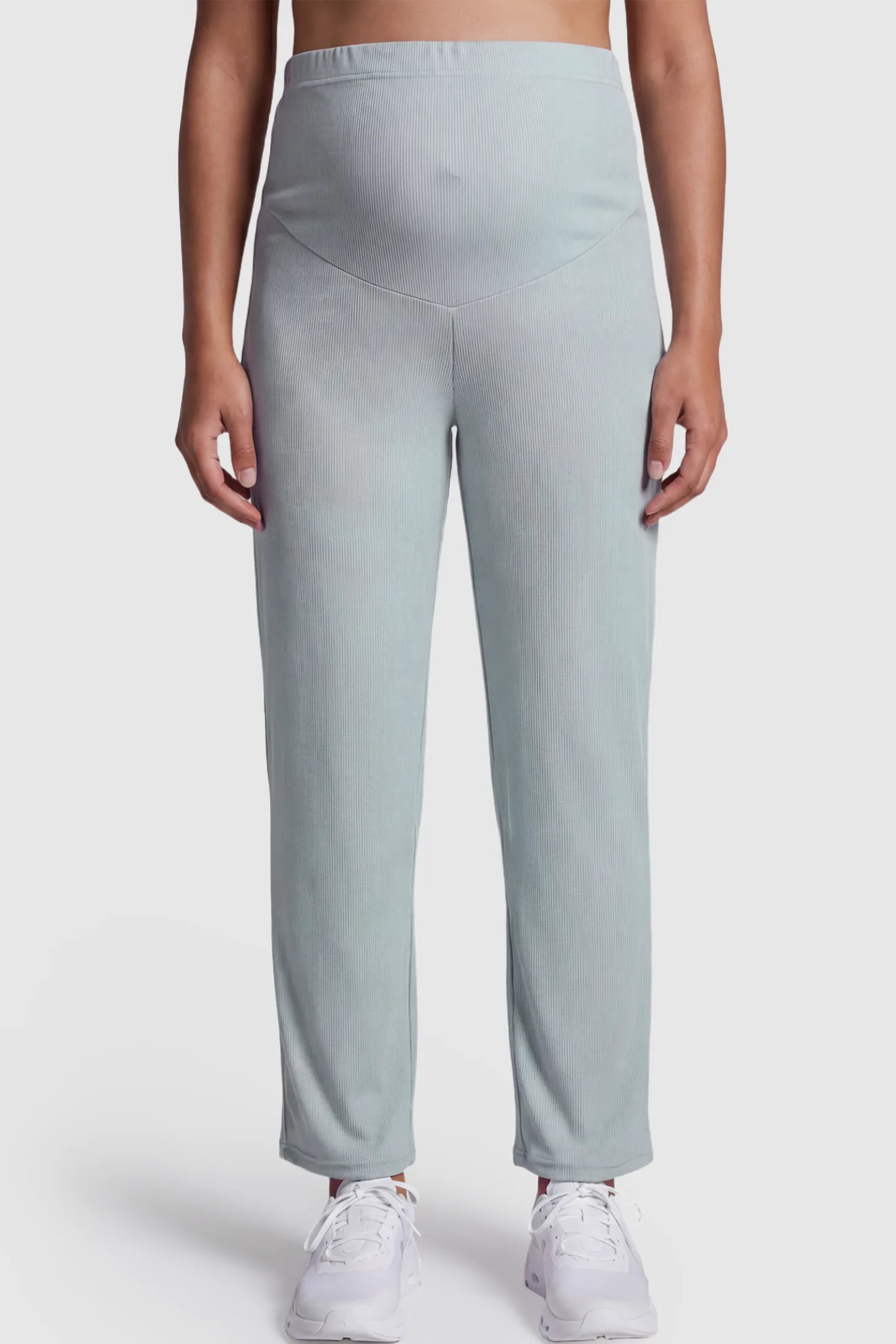 Adjustable Elastic Waist Straight Leg Maternity Pants Straight Leg Maternity Pants in Green featuring an adjustable elastic waist on a pregnant model.