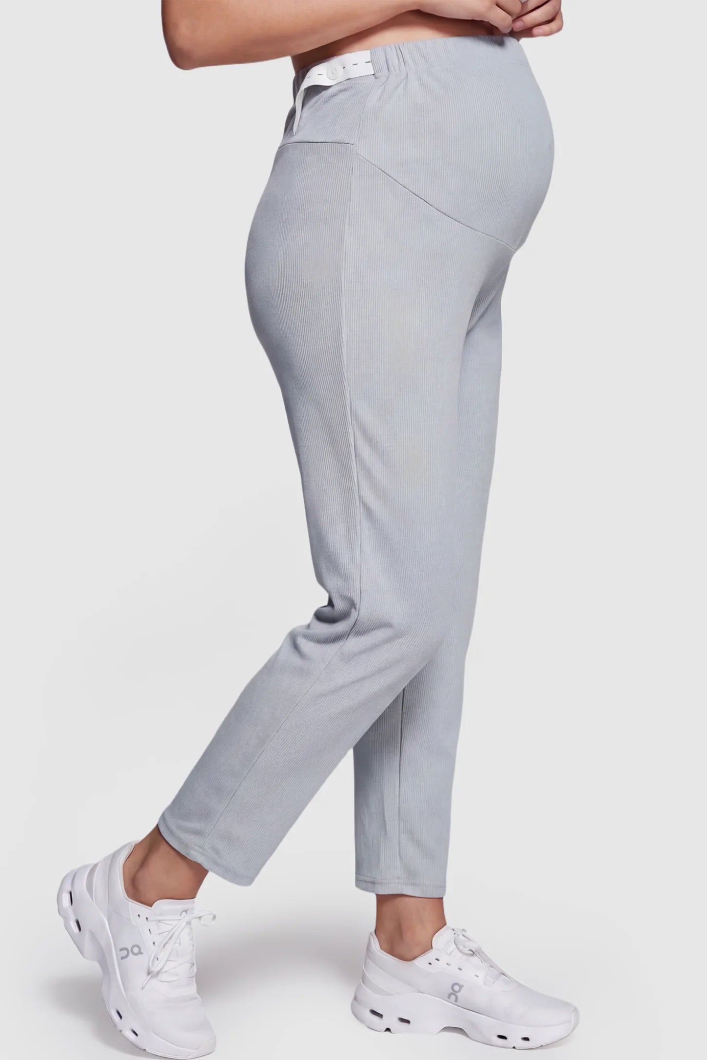 Adjustable Elastic Waist Straight Leg Maternity Pants Straight Leg Maternity Pants in green featuring an adjustable elastic waist on a pregnant model.