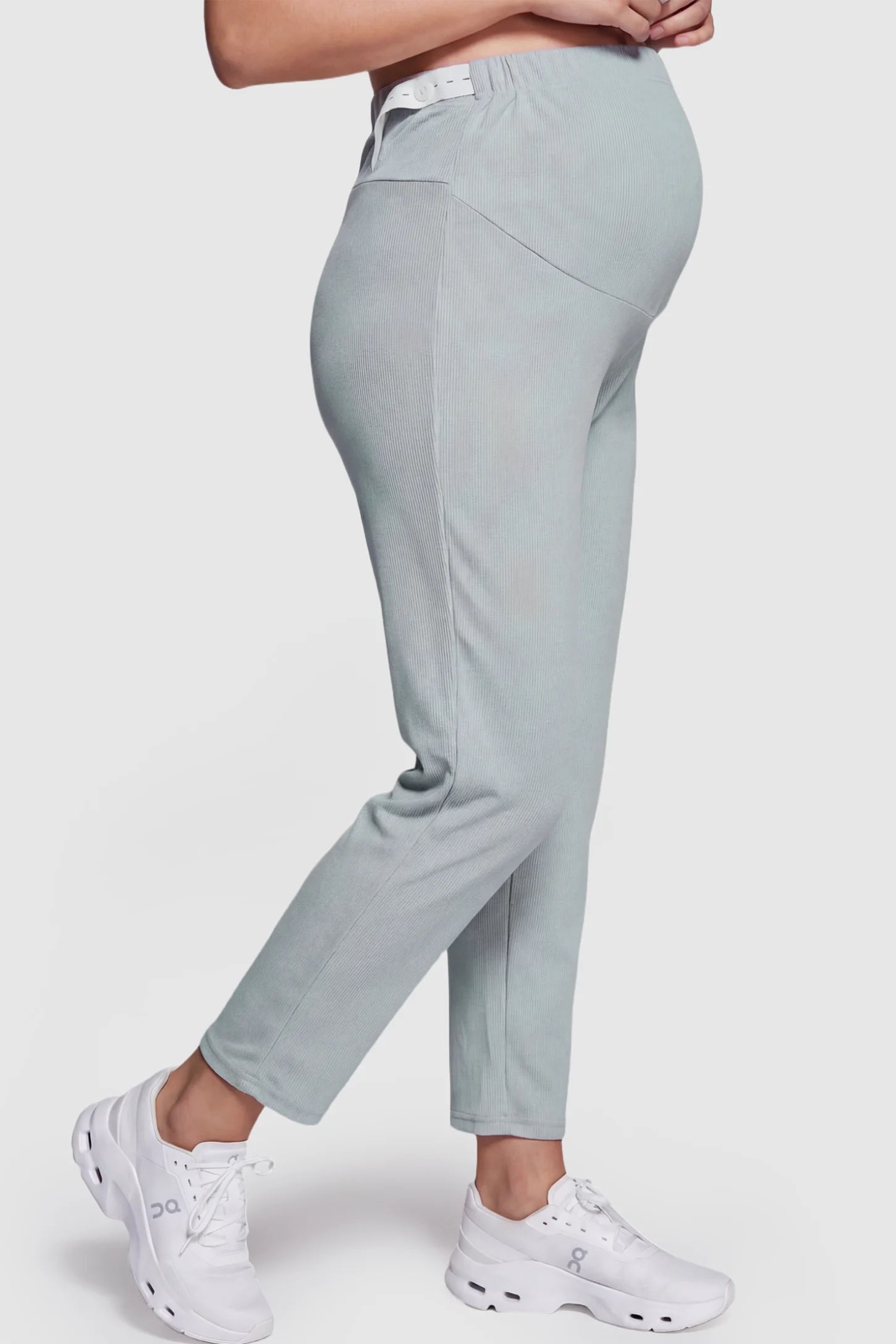 Adjustable Elastic Waist Straight Leg Maternity Pants Straight Leg Maternity Pants in Green featuring an adjustable elastic waist on a pregnant model.