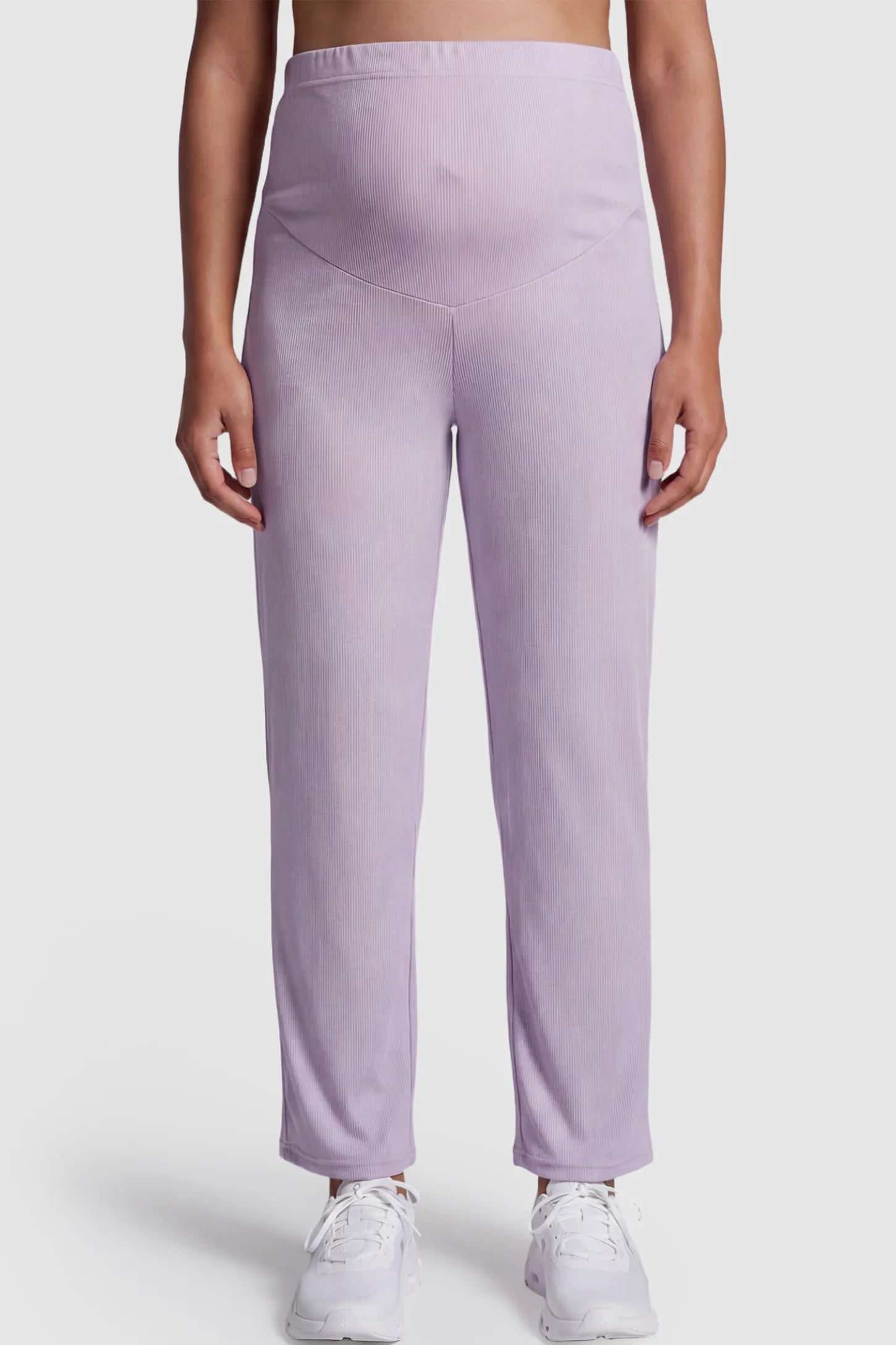 Adjustable Elastic Waist Straight Leg Maternity Pants Straight Leg Maternity Pants in light purple featuring an adjustable elastic waist on a pregnant model.