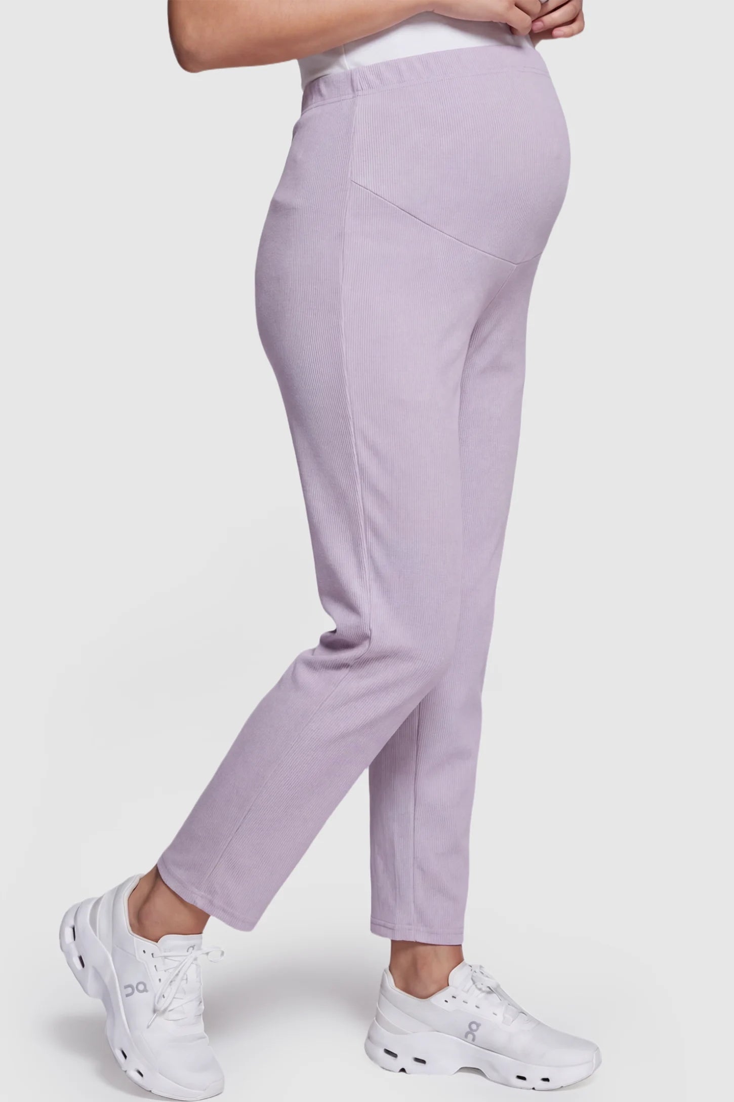 Adjustable Elastic Waist Straight Leg Maternity Pants Straight Leg Maternity Pants in light purple featuring an adjustable elastic waist on a pregnant model.