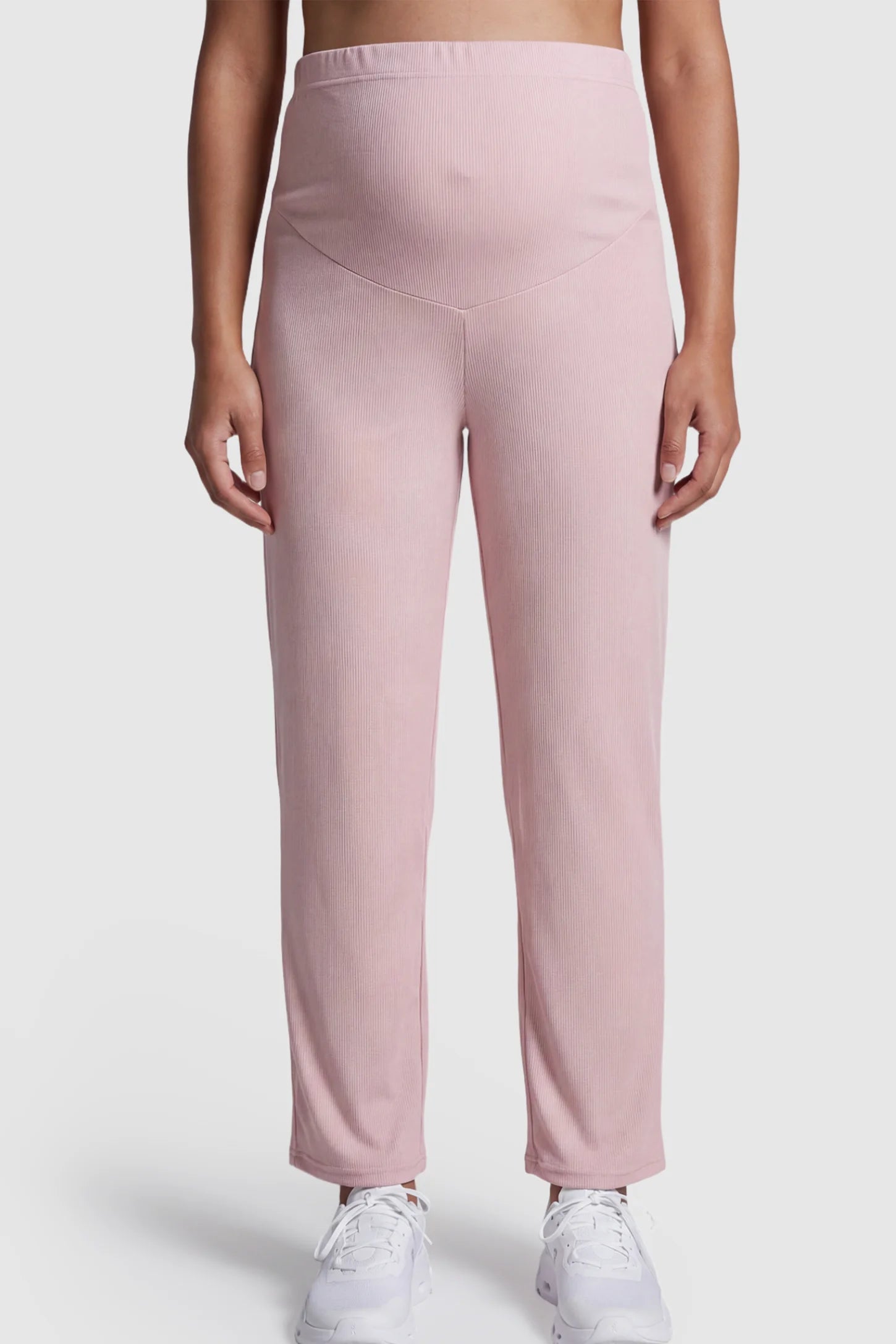 Adjustable Elastic Waist Straight Leg Maternity Pants Straight Leg Maternity Pants in pink featuring an adjustable elastic waist on a pregnant model.
