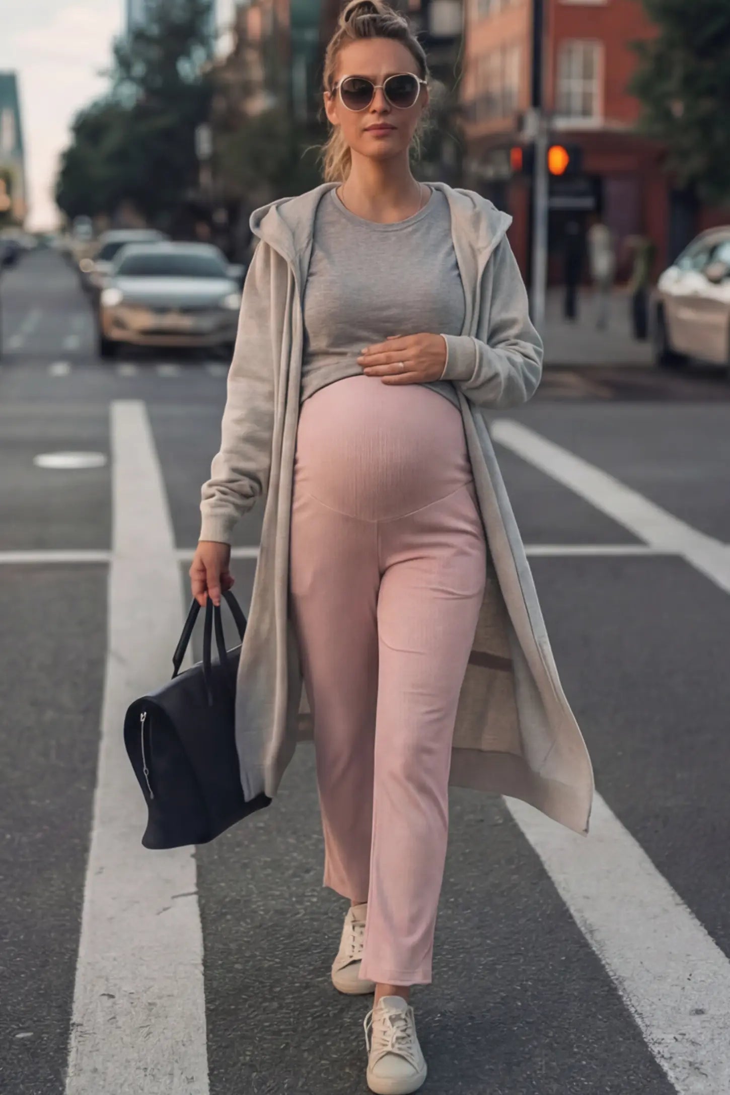 Adjustable Elastic Waist Straight Leg Maternity Pants Straight Leg Maternity Pants in pink featuring an adjustable elastic waist on a pregnant model.