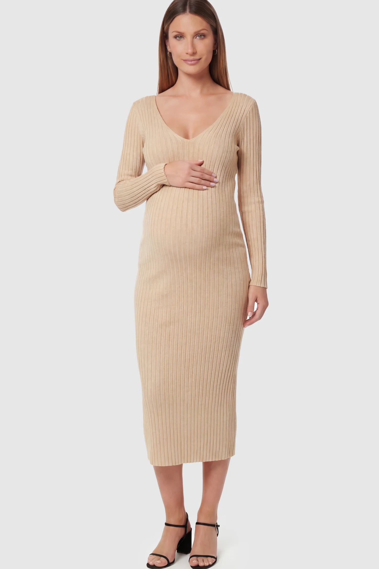 Ribbed V-Neck Long Sleeve Maternity Midi Dress Ribbed V-Neck Maternity Midi Dress in Khaki featuring a fitted long sleeve on a pregnant model.