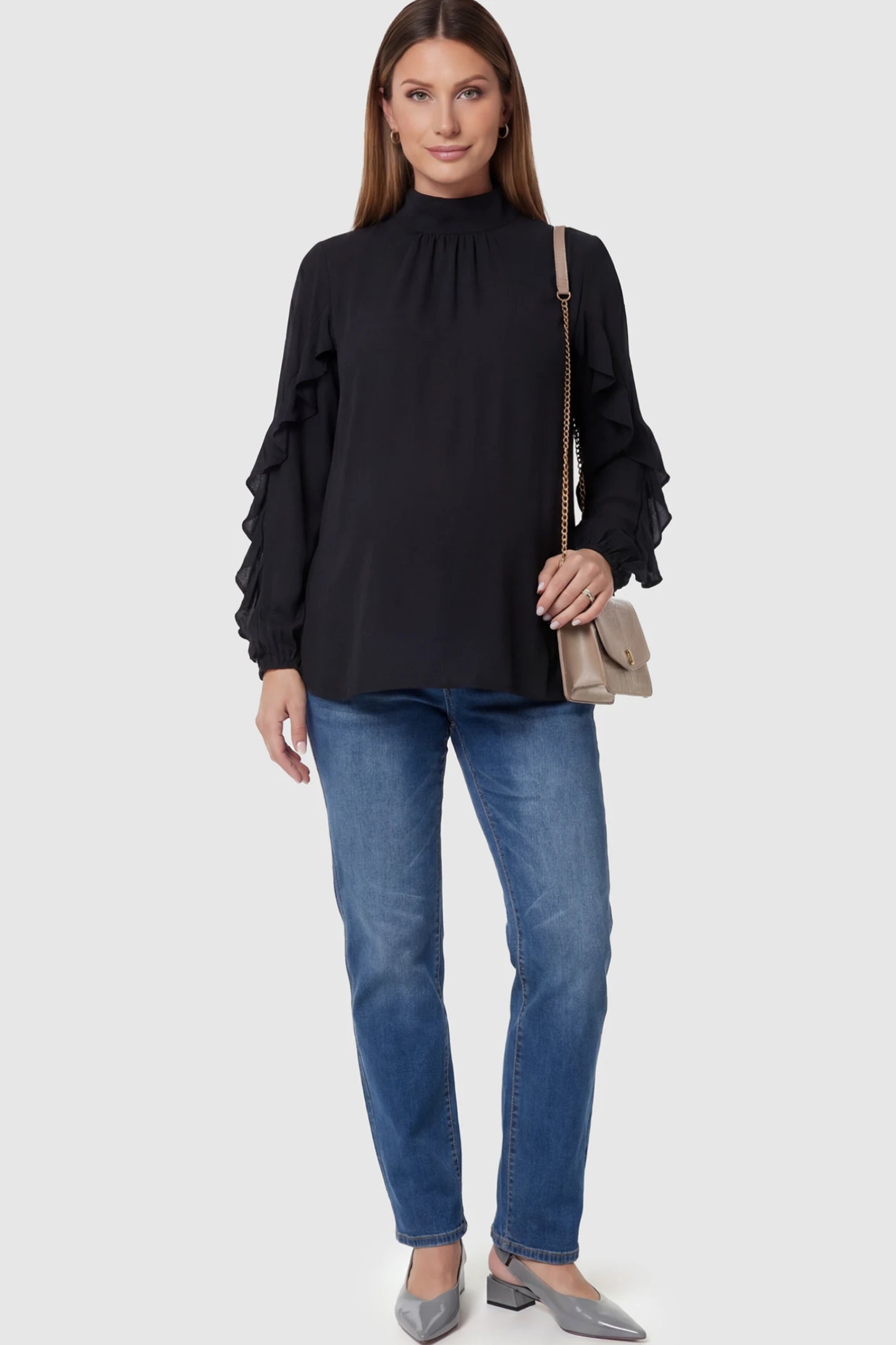 Full Panel Stretch Straight Leg Maternity Jeans Full Panel Stretch Straight Leg Maternity Jeans in Blue featuring a seamless navy waistband on a pregnant model facing front.