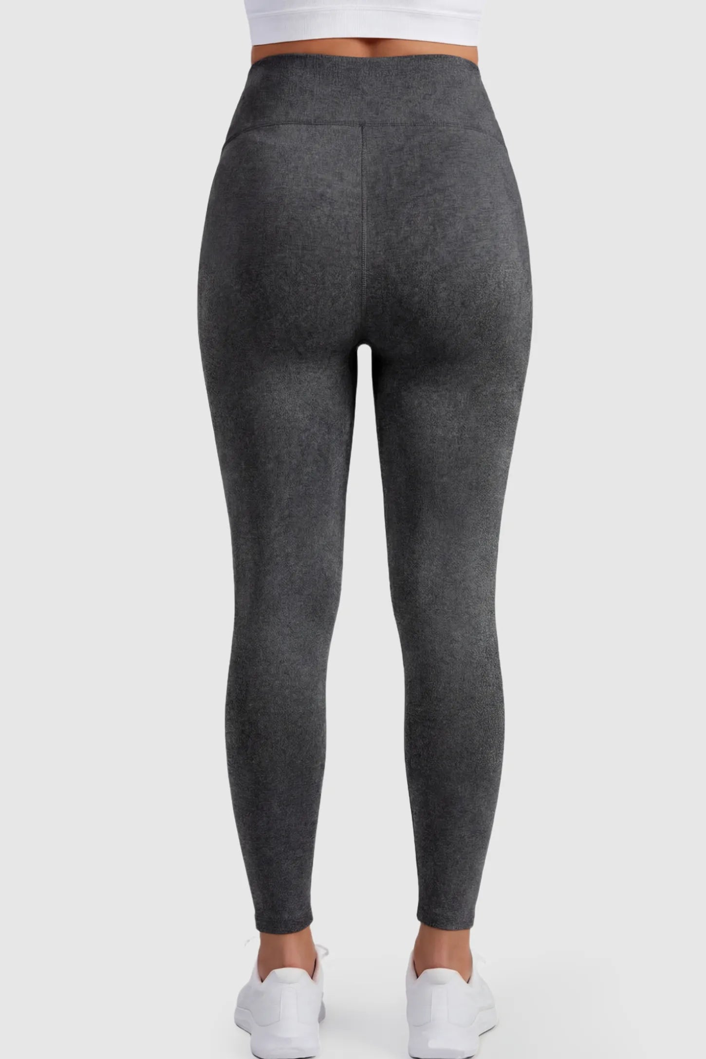 Full Panel Slim Fit Maternity Leggings Full Panel Slim Fit Maternity Leggings in Dark Gray featuring a seamless over-the-belly waistband on a pregnant model showing back.