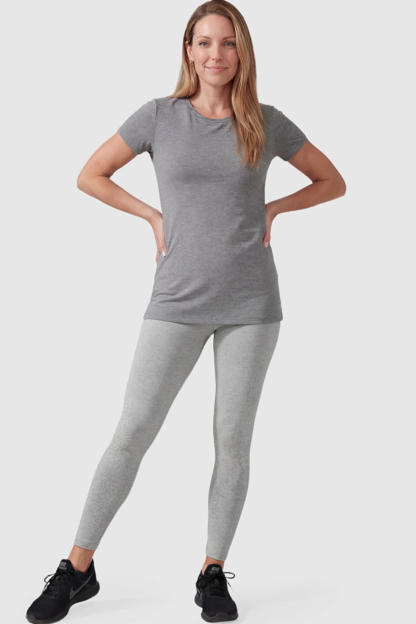 Full Panel Slim Fit Maternity Leggings Full Panel Slim Fit Maternity Leggings in Light Gray featuring a seamless over-the-belly waistband on a postpartum model facing front.