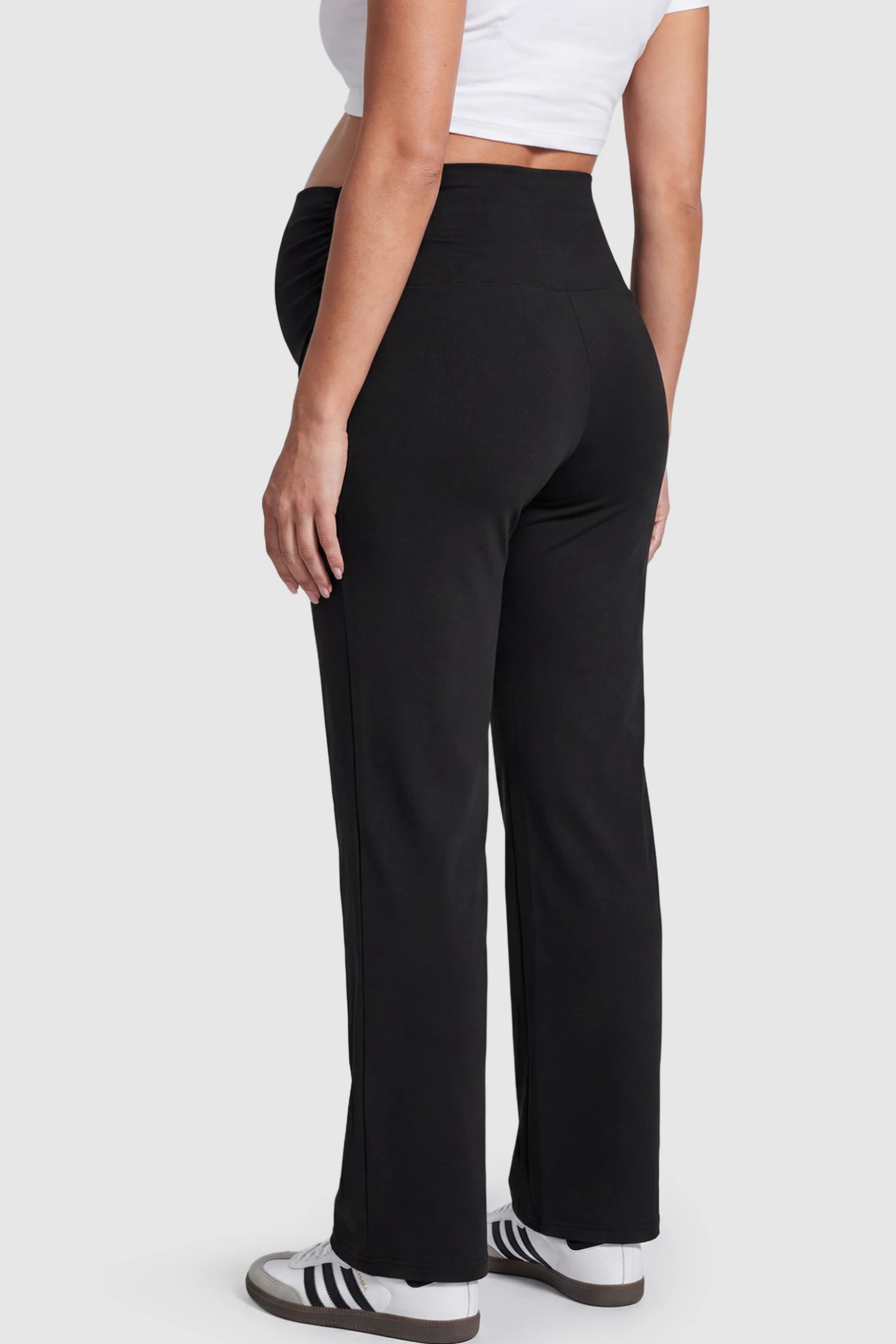 Ruched Full Panel Wide Leg Maternity Pants Ruched Full Panel Wide-Leg Maternity Pants in Black on a pregnant model.