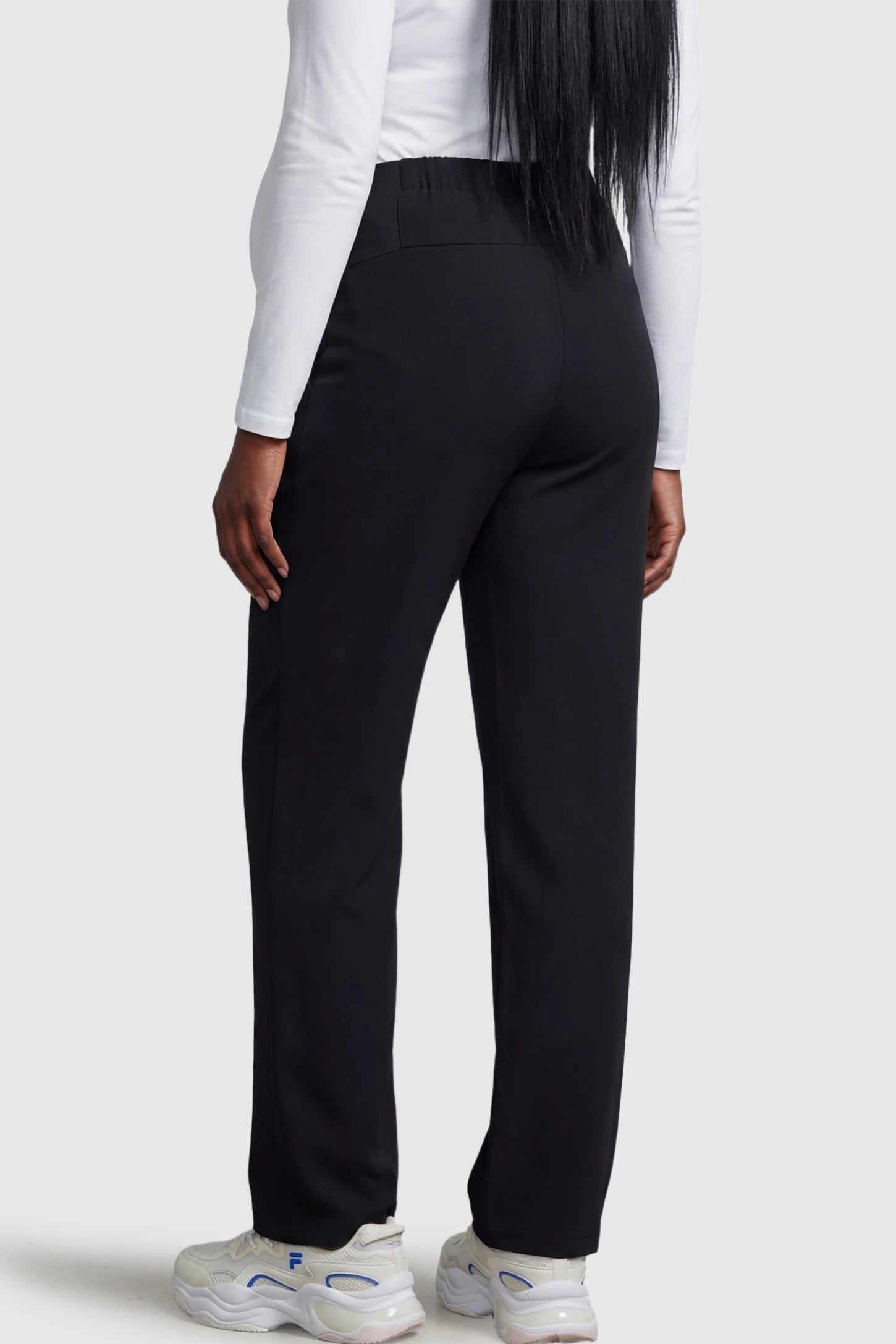 Cotton Blend Straight Leg Maternity Pants Cotton Full Panel Straight Leg Maternity Pants in Black on a pregnant model.
