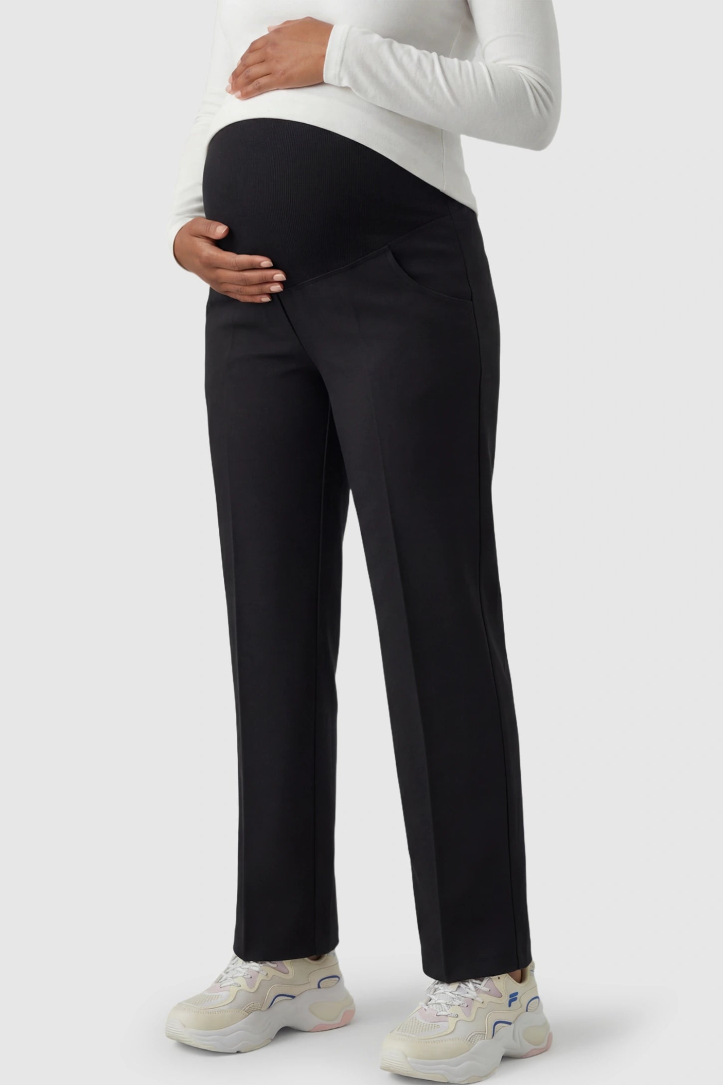 Cotton Full Panel Straight Leg Maternity Pants in Black featuring a high jersey waistband on a pregnant model.