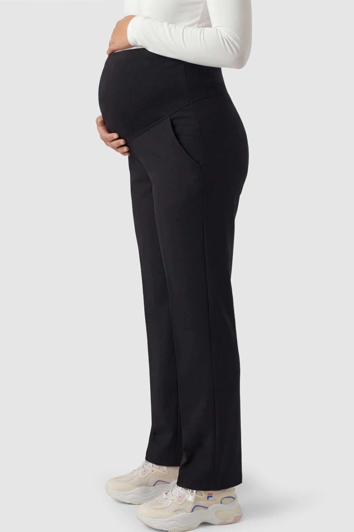 Cotton Blend Straight Leg Maternity Pants Cotton Full Panel Straight Leg Maternity Pants in Black featuring a high jersey waistband on a pregnant model.