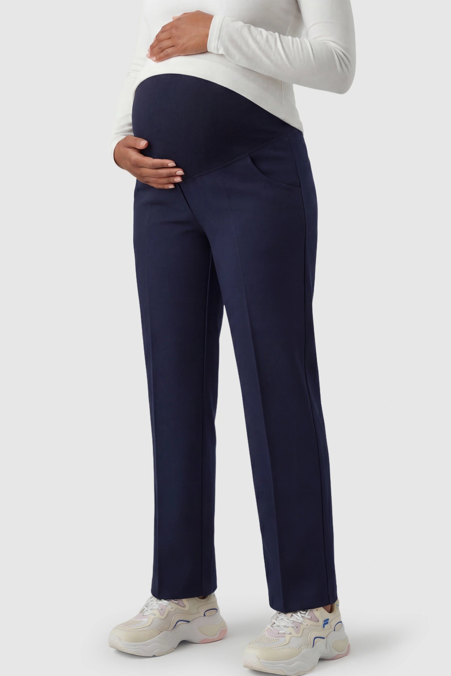 Cotton Blend Straight Leg Maternity Pants Cotton Full Panel Straight Leg Maternity Pants in Navy Blue featuring a high jersey waistband on a pregnant model.