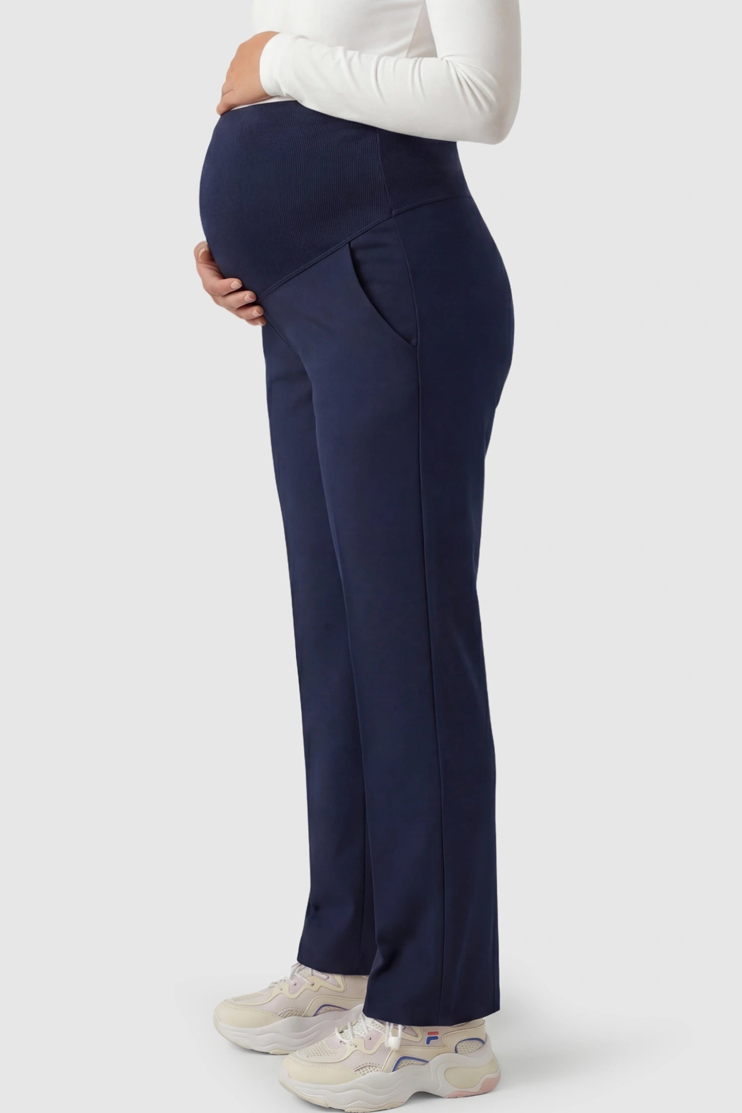 Cotton Blend Straight Leg Maternity Pants Cotton Full Panel Straight Leg Maternity Pants in Navy Blue featuring a high jersey waistband on a pregnant model.
