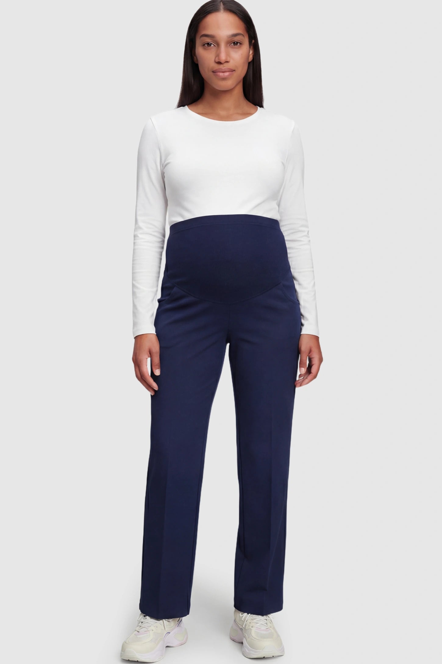 Cotton Blend Straight Leg Maternity Pants Cotton Full Panel Straight Leg Maternity Pants in Navy Blue featuring a high jersey waistband on a pregnant model.
